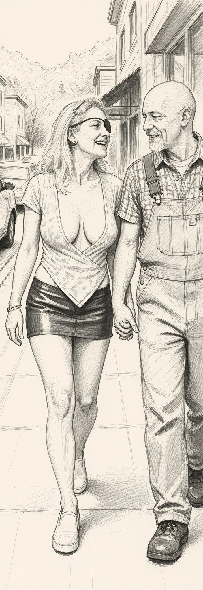 Redraw the entire picture as a hand-drawn graphite sketch on off-white paper: visible pencil strokes, cross-hatched shading, loose construction lines and no colour beyond the grey of the pencil and the tone of the paper. The background is drawn in the same style. Nothing in the frame keeps its photographic appearance. Above all, the picture must show: The older mature 60 year old woman is wearing a very short revealing leather skirt and a very revealing top with a plunging neckline exposing the majority of her sagging 60 year old titties. The woman is walking down the sidewalk in Gatlinburg Tennessee with a older 60 year old bald man with a goatee wearing overalls. They are holding hands, but the woman is seductively flirting with a good looking man that is walking towards them.