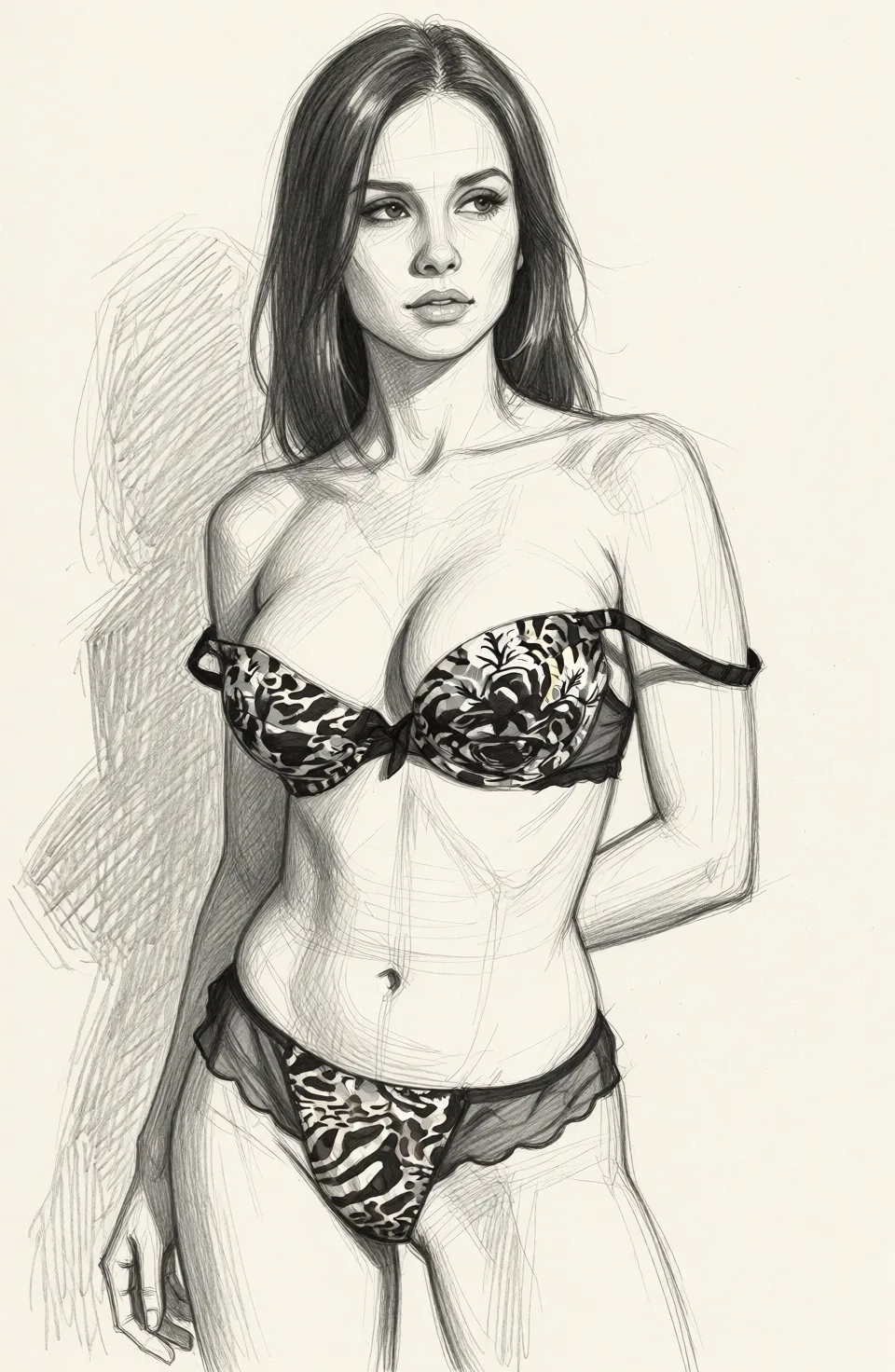 Redraw the entire picture as a hand-drawn graphite sketch on off-white paper: visible pencil strokes, cross-hatched shading, loose construction lines and no colour beyond the grey of the pencil and the tone of the paper. The background is drawn in the same style. Nothing in the frame keeps its photographic appearance. Above all, the picture must show: The woman takes off her bra.