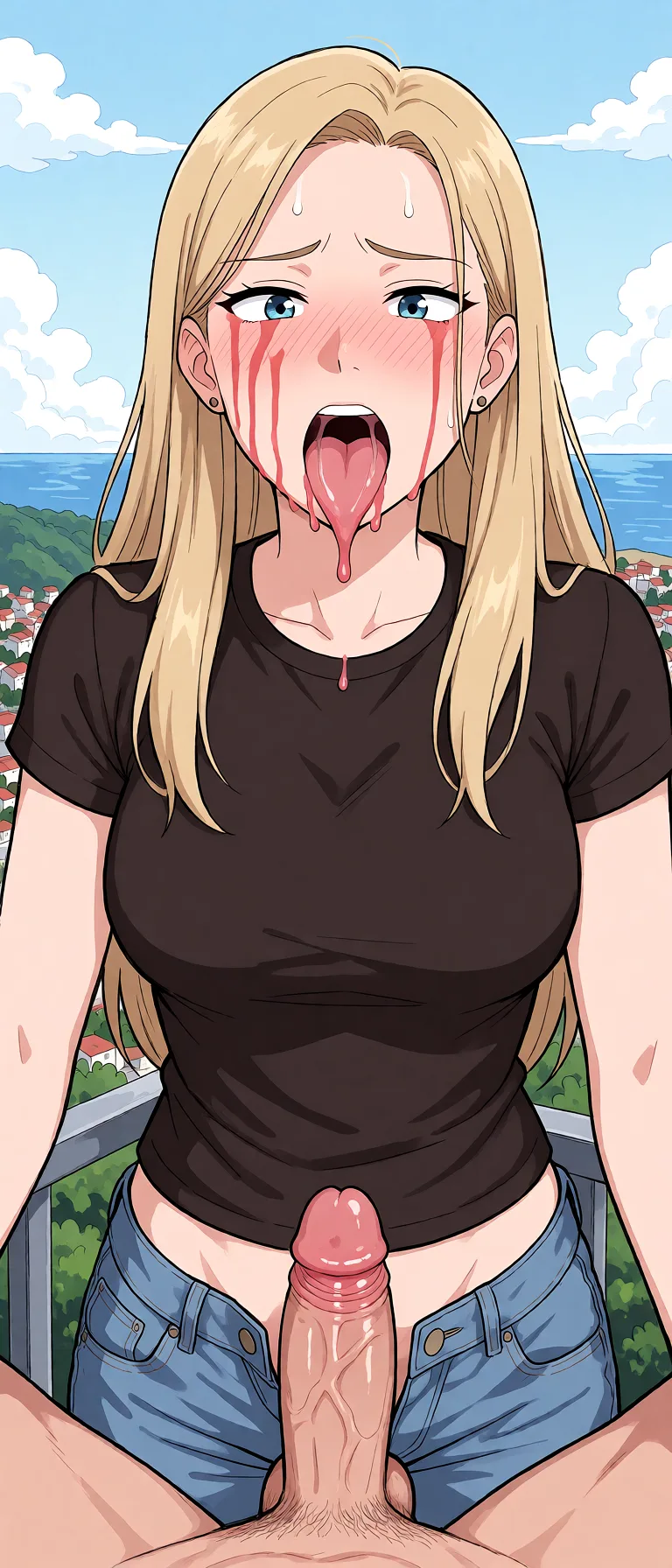 Redraw the entire picture as a hand-drawn anime illustration in flat cel-shaded anime style. It stays the same person with the same face, the same expression, the same hair and the same skin tone, and every other detail of the photograph is kept exactly as it is: nothing is added, removed, moved, uncovered or recoloured. Only the medium changes, and no part of the picture is left photographic. Above all, the picture must show: She’s sucking my dick, and there are red streaks on her face from embarrassment and from my semen.