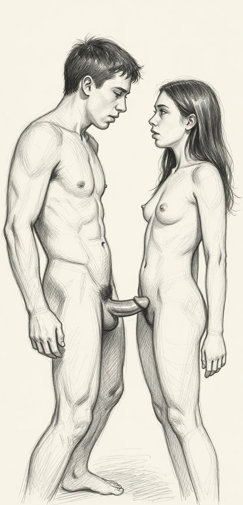 Redraw the entire picture as a hand-drawn graphite sketch on off-white paper: visible pencil strokes, cross-hatched shading, loose construction lines and no colour beyond the grey of the pencil and the tone of the paper. The background is drawn in the same style. Nothing in the frame keeps its photographic appearance. Above all, the picture must show: He jumps on his dick, facing me, and then jerks off his pussy.