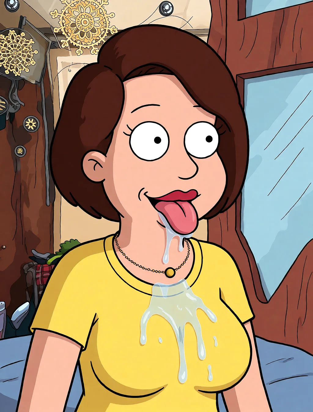 Redraw the entire picture as a western animated cartoon cel: thick even outlines, flat bright blocks of colour, simplified rounded shapes and hard-edged shadows, in the look of a television cartoon rather than of a camera. Keep the woman's adult proportions and adult figure exactly as they are; only the drawing style changes. The background is drawn in the same style. Nothing in the frame keeps its photographic appearance. Above all, the picture must show: The camera moves slightly away, showing the woman's bare breasts. She crosses her eyes and sticks out her tongue at the same time. transparent saliva flows intensively from the tongue and gets on the chest.