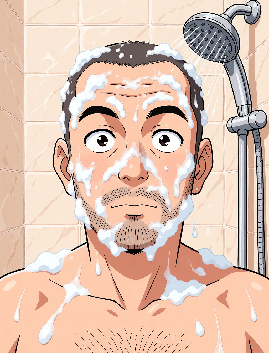 Redraw the entire picture as a hand-drawn anime illustration in flat cel-shaded anime style. It stays the same person with the same face, the same expression, the same hair and the same skin tone, and every other detail of the photograph is kept exactly as it is: nothing is added, removed, moved, uncovered or recoloured. Only the medium changes, and no part of the picture is left photographic. Above all, the picture must show: nude.