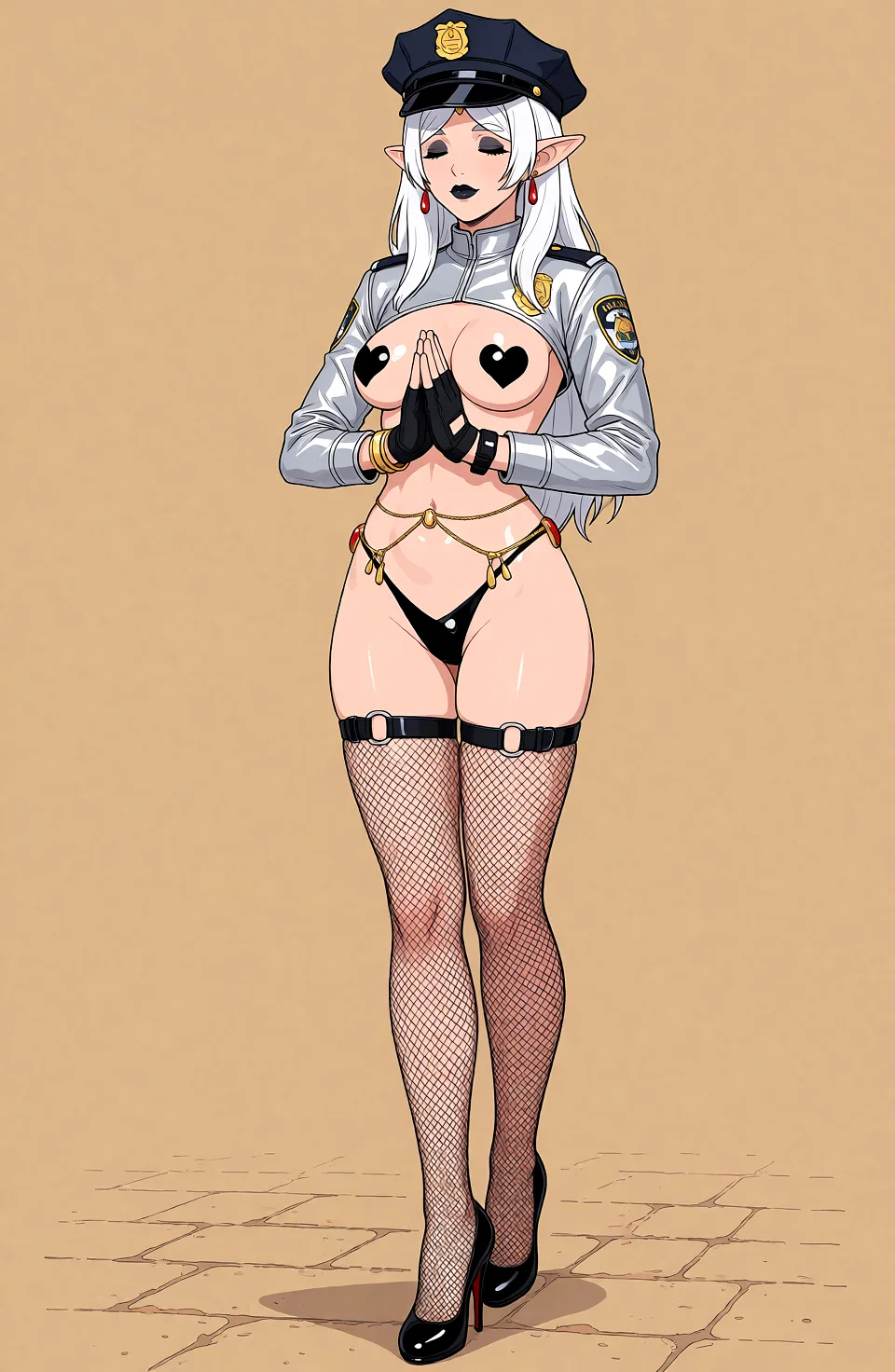 Redraw the entire picture as a hand-drawn anime illustration in flat cel-shaded anime style. It stays the same person with the same face, the same expression, the same hair and the same skin tone, and every other detail of the photograph is kept exactly as it is: nothing is added, removed, moved, uncovered or recoloured. Only the medium changes, and no part of the picture is left photographic. Above all, the picture must show: A beautiful woman with the exact same body proportions and figure as the original image, no deformation. She is wearing a silver-gray police-style cropped jacket that consists only of a high mandarin collar, shoulder pieces, and full long sleeves — completely open and hollowed out below the chest with no fabric covering the torso or abdomen, large open back. A silver police badge on the shoulder. She wears a matching silver-gray police peaked cap. Black latex heart-shaped nipple pasties covering the breasts. Lower body wearing a black crotchless V-string micro panties, leaving the crotch fully exposed. Black vibrator strap rings on both thighs. Black fingerless tactical gloves on her hands. Sheer black fishnet stockings that end at the ankles (no feet), bare feet below the ankles, wearing shiny red-soled high heels. Elegant long legs and beautiful detailed feet fully visible and extended in the frame. Soft black eyeshadow, thin lips with matte black lipstick. Full body view, legs and feet clearly shown and elegantly posed, high detail, cinematic lighting.