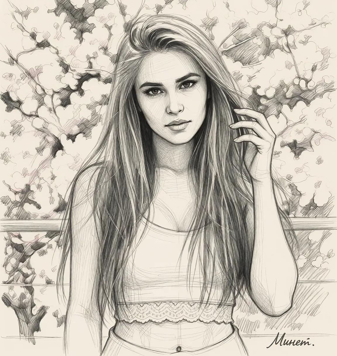 Redraw the entire picture as a hand-drawn graphite sketch on off-white paper: visible pencil strokes, cross-hatched shading, loose construction lines and no colour beyond the grey of the pencil and the tone of the paper. The background is drawn in the same style. Nothing in the frame keeps its photographic appearance. Above all, the picture must show: Минет.