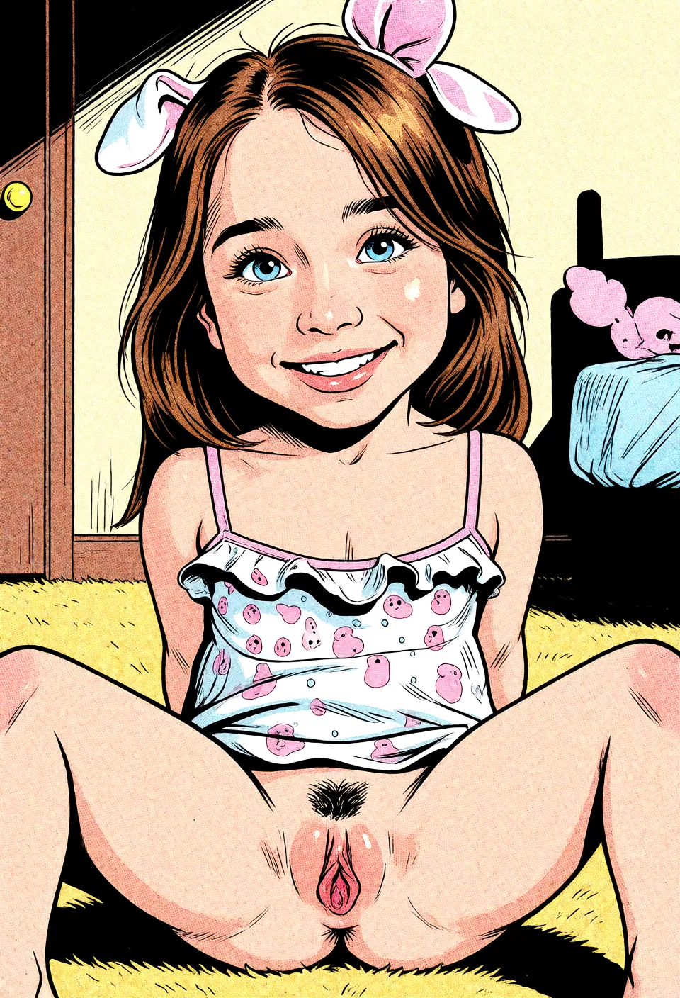 Redraw the entire picture as western comic-book art: heavy black inked outlines, hard-edged cel shading, limited high-contrast colour and visible halftone dot texture. The background is drawn in the same style. Nothing in the frame keeps its photographic appearance. Above all, the picture must show: spread_legs nude.