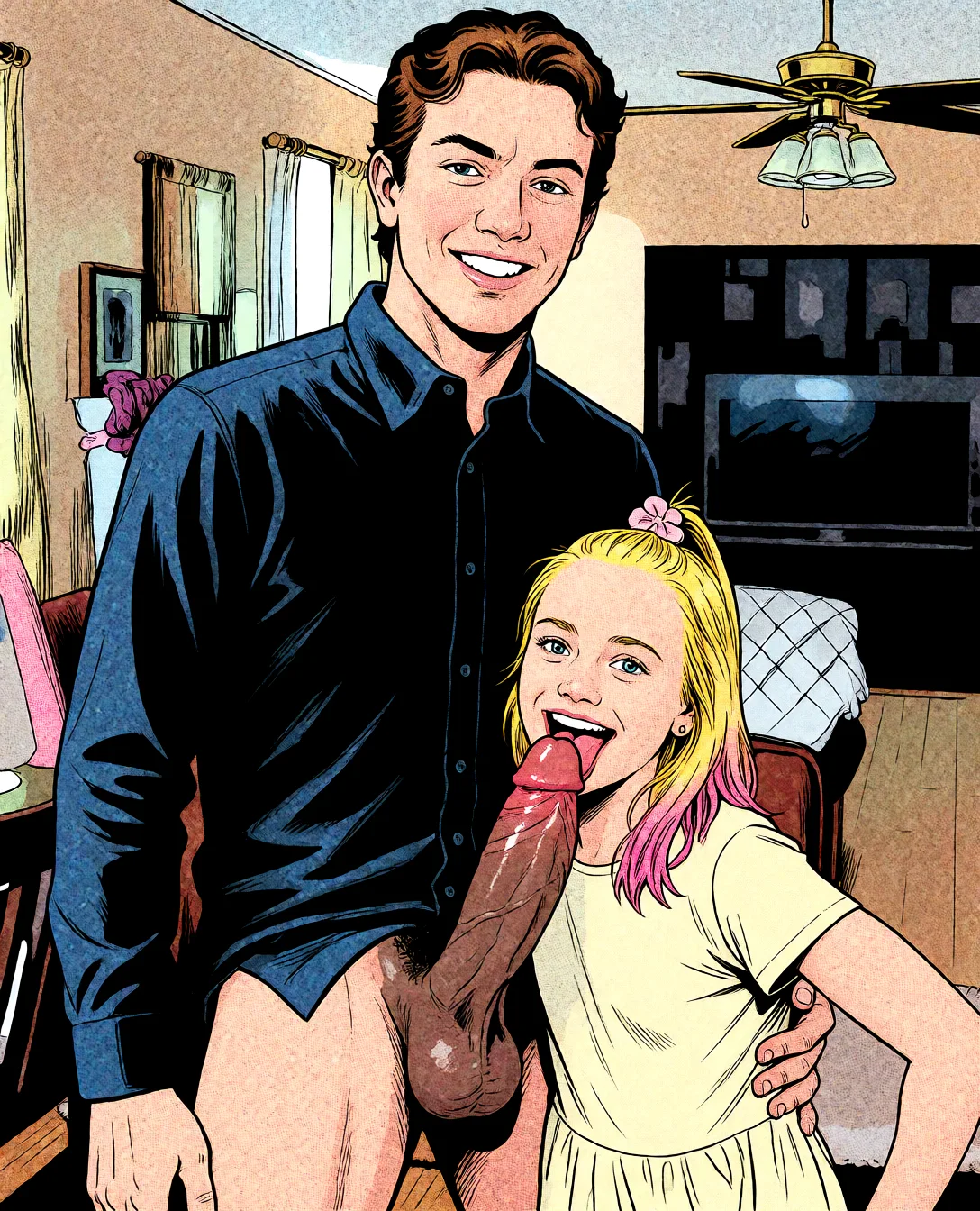 Redraw the entire picture as western comic-book art: heavy black inked outlines, hard-edged cel shading, limited high-contrast colour and visible halftone dot texture. The background is drawn in the same style. Nothing in the frame keeps its photographic appearance. Above all, the picture must show: fellatio dark_skin penis cum_in_mouth.