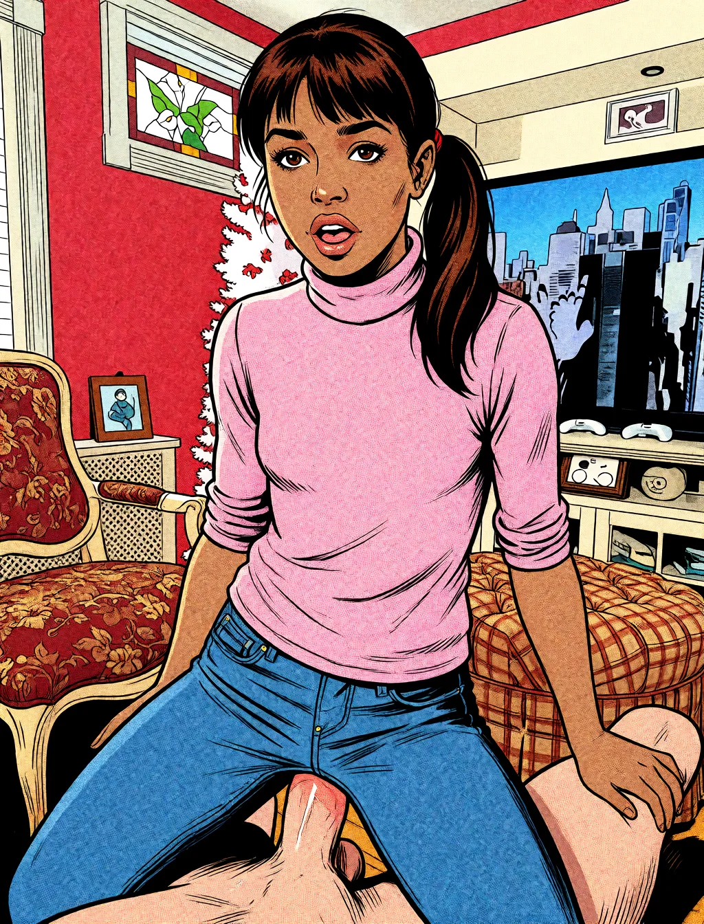 Redraw the entire picture as western comic-book art: heavy black inked outlines, hard-edged cel shading, limited high-contrast colour and visible halftone dot texture. The background is drawn in the same style. Nothing in the frame keeps its photographic appearance. Above all, the picture must show: cunnilingus mature_female dark_skin.