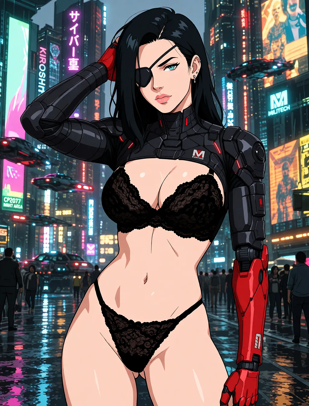 Redraw the entire picture as a hand-drawn anime illustration in flat cel-shaded anime style. It stays the same person with the same face, the same expression, the same hair and the same skin tone, and every other detail of the photograph is kept exactly as it is: nothing is added, removed, moved, uncovered or recoloured. Only the medium changes, and no part of the picture is left photographic. Above all, the picture must show: Cyberpunk milf woman, with athletic body, nude with black lace lingerie.