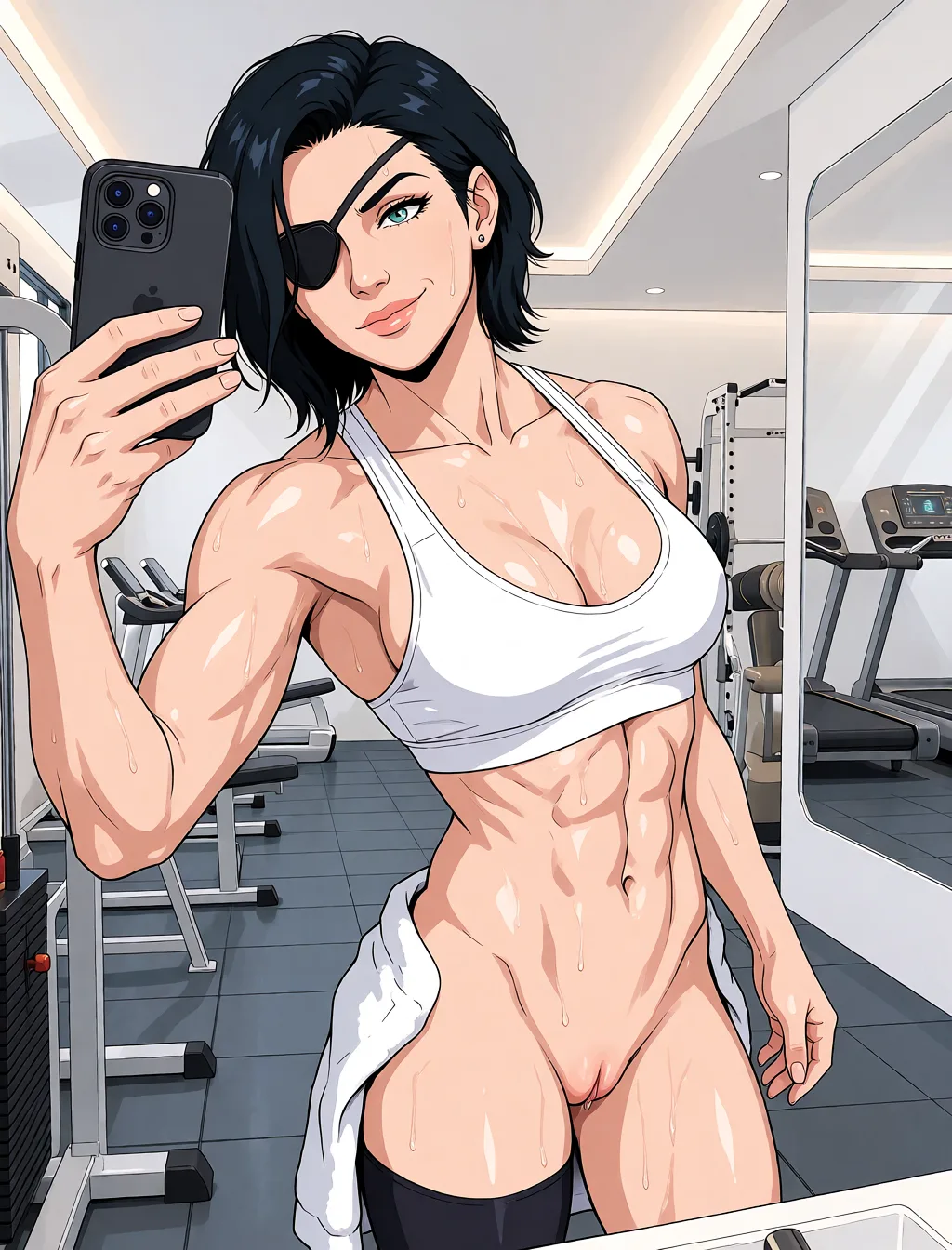 Redraw the entire picture as a hand-drawn anime illustration in flat cel-shaded anime style. It stays the same person with the same face, the same expression, the same hair and the same skin tone, and every other detail of the photograph is kept exactly as it is: nothing is added, removed, moved, uncovered or recoloured. Only the medium changes, and no part of the picture is left photographic. Above all, the picture must show: Cyberpunk woman, abs, nude, pussy.