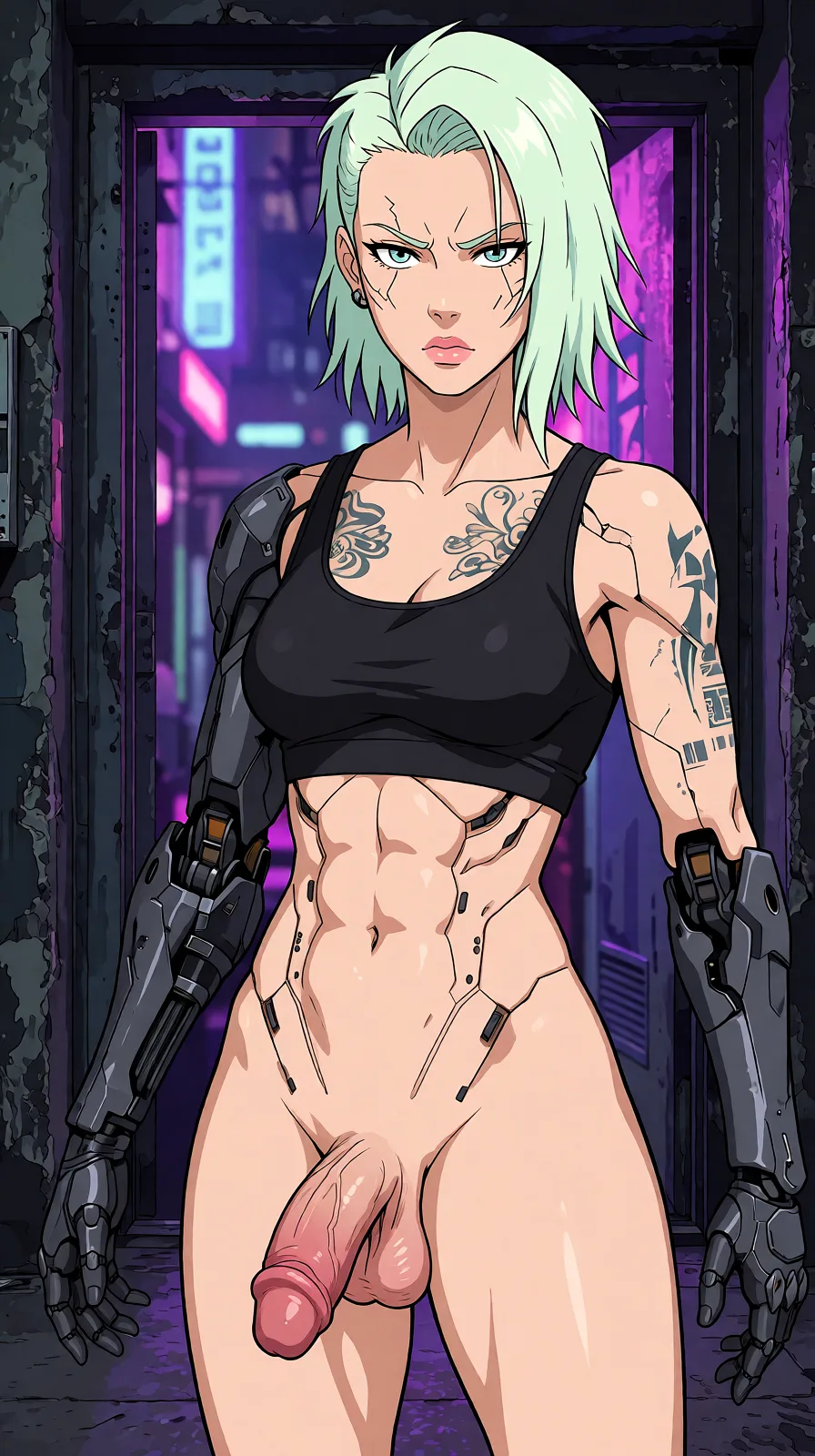 Redraw the entire picture as a hand-drawn anime illustration in flat cel-shaded anime style. It stays the same person with the same face, the same expression, the same hair and the same skin tone, and every other detail of the photograph is kept exactly as it is: nothing is added, removed, moved, uncovered or recoloured. Only the medium changes, and no part of the picture is left photographic. Above all, the picture must show: Cyberpunk woman, futanari, nude, penis, abs, breasts_out.