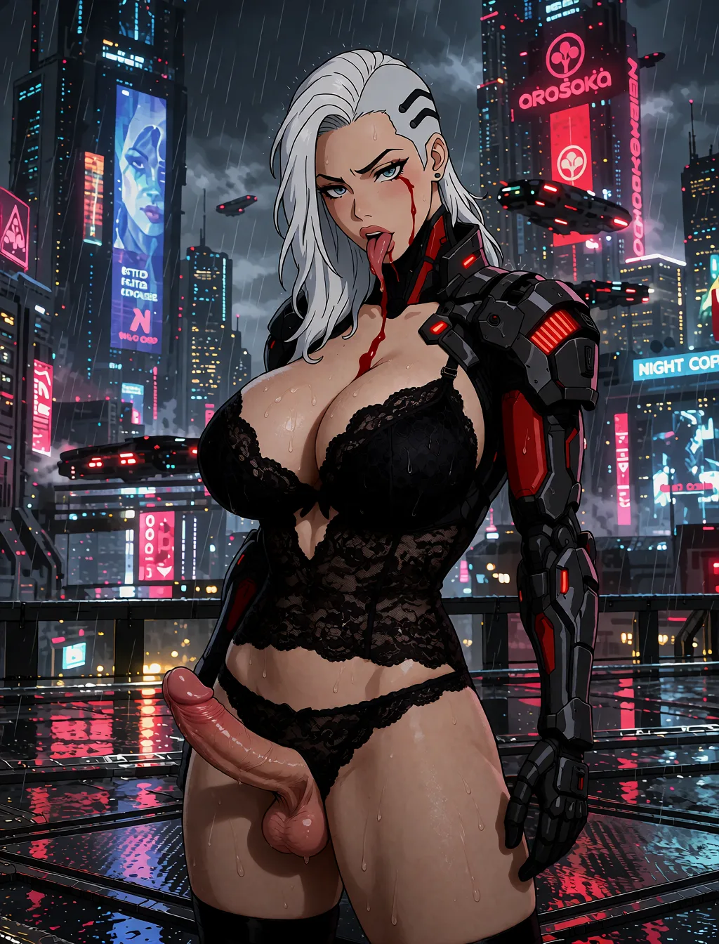 Edit the supplied photograph. Change only what is asked for below. Return one clean, natural, high-resolution photograph with realistic skin texture and no distortion. Make her chest noticeably larger and fuller, in a natural shape that suits her build, and let whatever she is wearing fall over it correctly. Replace her outfit with a black lace lingerie set that fits her properly. Keep her face, her identity, her hair and her skin tone exactly as they are, and keep the room and the light she is in. Keep her pose and the framing of the shot.