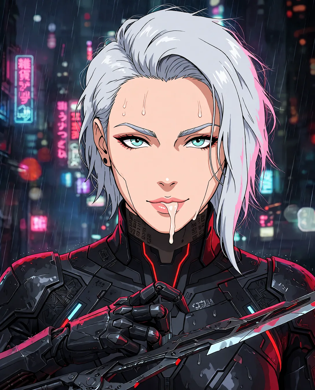 Redraw the entire picture as a hand-drawn anime illustration in flat cel-shaded anime style. It stays the same person with the same face, the same expression, the same hair and the same skin tone, and every other detail of the photograph is kept exactly as it is: nothing is added, removed, moved, uncovered or recoloured. Only the medium changes, and no part of the picture is left photographic. Above all, the picture must show: Cyberpunk cyborg futanari, sex_from_behind, ahegao.