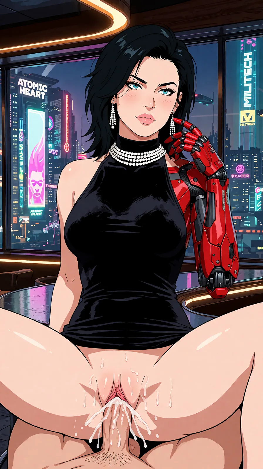 Redraw the entire picture as a hand-drawn anime illustration in flat cel-shaded anime style. It stays the same person with the same face, the same expression, the same hair and the same skin tone, and every other detail of the photograph is kept exactly as it is: nothing is added, removed, moved, uncovered or recoloured. Only the medium changes, and no part of the picture is left photographic. Above all, the picture must show: Cyberpunk milf fuck with male, penis cum_in_pussy, male penis inside pussy, ahegao.