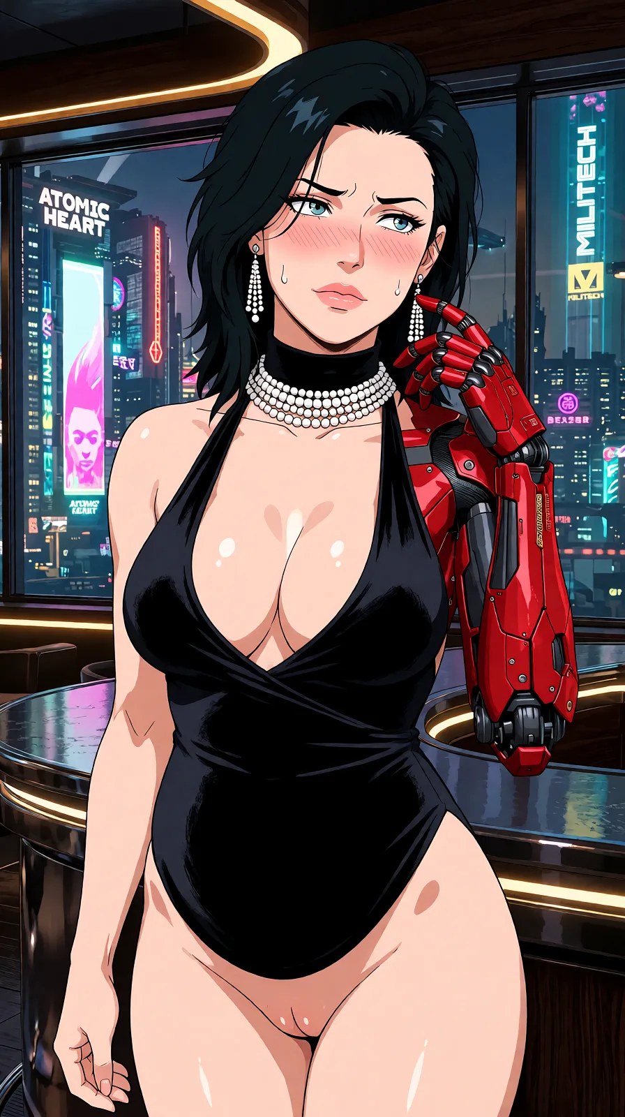 Redraw the entire picture as a hand-drawn anime illustration in flat cel-shaded anime style. It stays the same person with the same face, the same expression, the same hair and the same skin tone, and every other detail of the photograph is kept exactly as it is: nothing is added, removed, moved, uncovered or recoloured. Only the medium changes, and no part of the picture is left photographic. Above all, the picture must show: Cyberpunk milf, muscular_female, muscular milf, nude, nude pussy, sexually_suggestive, embarrassed, embarrassed, nude breast, breasts_out, pregnant, pregnant.