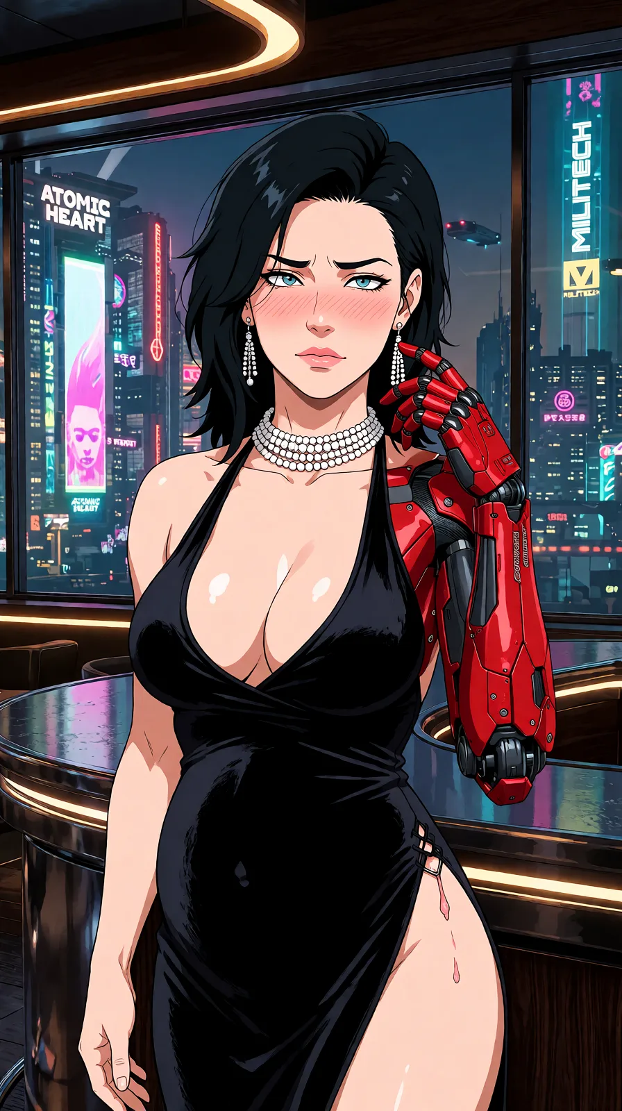Redraw the entire picture as a hand-drawn anime illustration in flat cel-shaded anime style. It stays the same person with the same face, the same expression, the same hair and the same skin tone, and every other detail of the photograph is kept exactly as it is: nothing is added, removed, moved, uncovered or recoloured. Only the medium changes, and no part of the picture is left photographic. Above all, the picture must show: Cyberpunk milf, muscular_female, muscular milf, nude, nude pussy, sexually_suggestive, embarrassed, embarrassed, nude breast, breasts_out, pregnant, pregnant, nude belly, nude, nude.