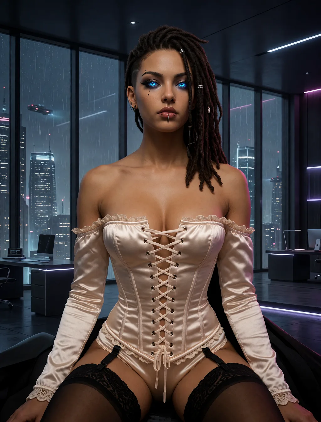 Edit the supplied photograph. Change only what is asked for below. Return one clean, natural, high-resolution photograph with realistic skin texture and no distortion. Replace everything she is wearing with a laced satin corset over bare shoulders and arms, matching briefs and sheer hold-up stockings; none of her original clothes remain. Keep her face, her identity, her hair and her skin tone exactly as they are, and keep the room and the light she is in. Keep her pose and the framing of the shot.
