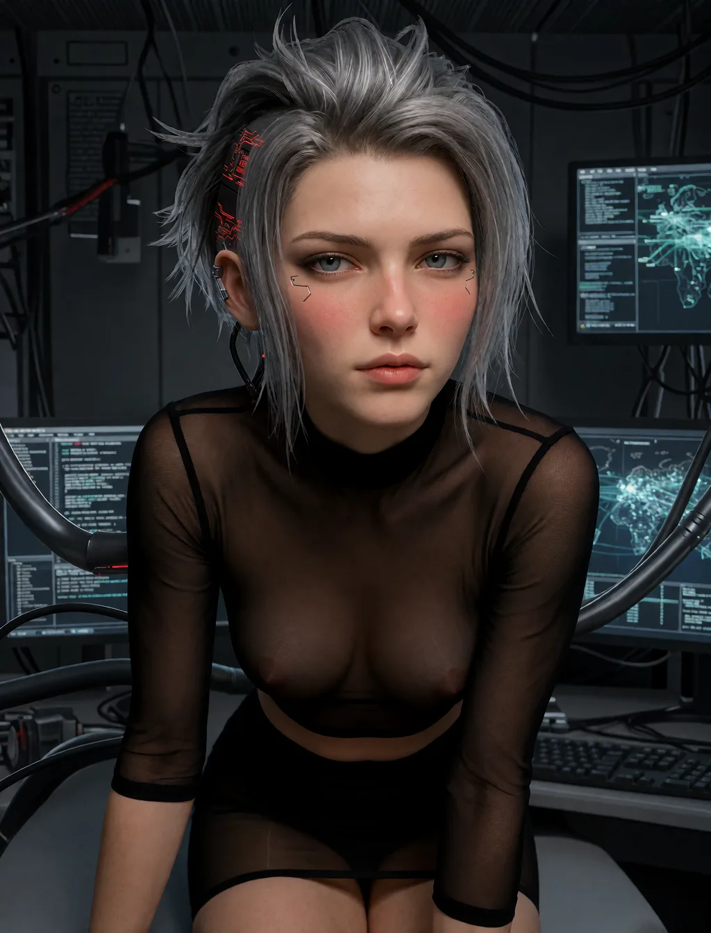 Edit the supplied photograph. Change only what is asked for below. Return one clean, natural, high-resolution photograph with realistic skin texture and no distortion. Give her a soft, natural flush across the cheeks, heavy-lidded eyes and softly parted lips, so she reads as aroused rather than posed. Replace her outfit with a sheer black mesh top and a matching fitted skirt. Keep her face, her identity, her hair and her skin tone exactly as they are, and keep the room and the light she is in. Keep her pose and the framing of the shot.