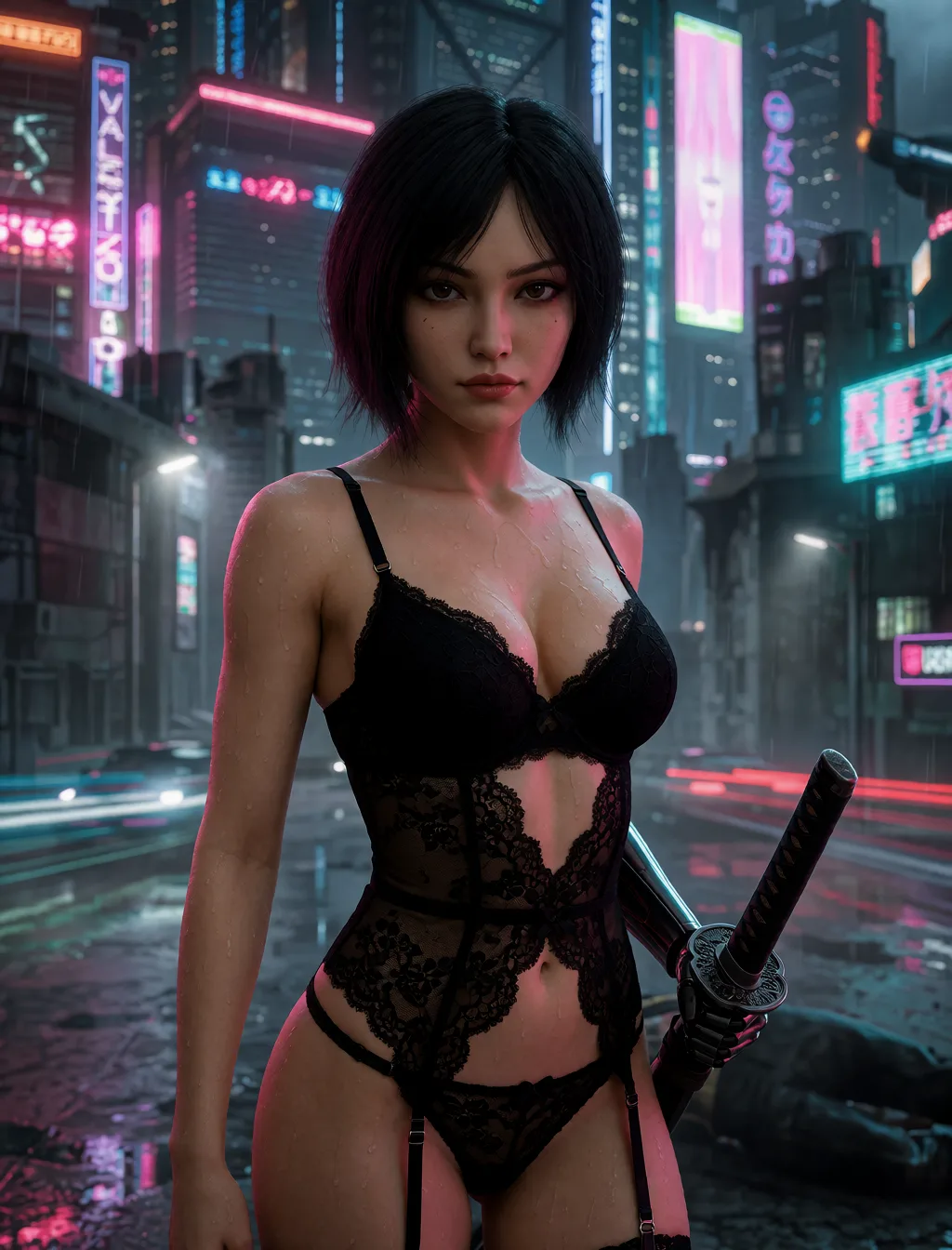 Edit the supplied photograph. Change only what is asked for below. Return one clean, natural, high-resolution photograph with realistic skin texture and no distortion. Replace her outfit with a black lace lingerie set that fits her properly. Keep her face, her identity, her hair and her skin tone exactly as they are, and keep the room and the light she is in. Keep her pose and the framing of the shot.