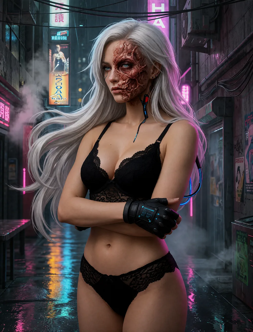 Edit the supplied photograph. Change only what is asked for below. Return one clean, natural, high-resolution photograph with realistic skin texture and no distortion. Replace her outfit with a black lace lingerie set that fits her properly. Keep her face, her identity, her hair and her skin tone exactly as they are, and keep the room and the light she is in. Keep her pose and the framing of the shot.