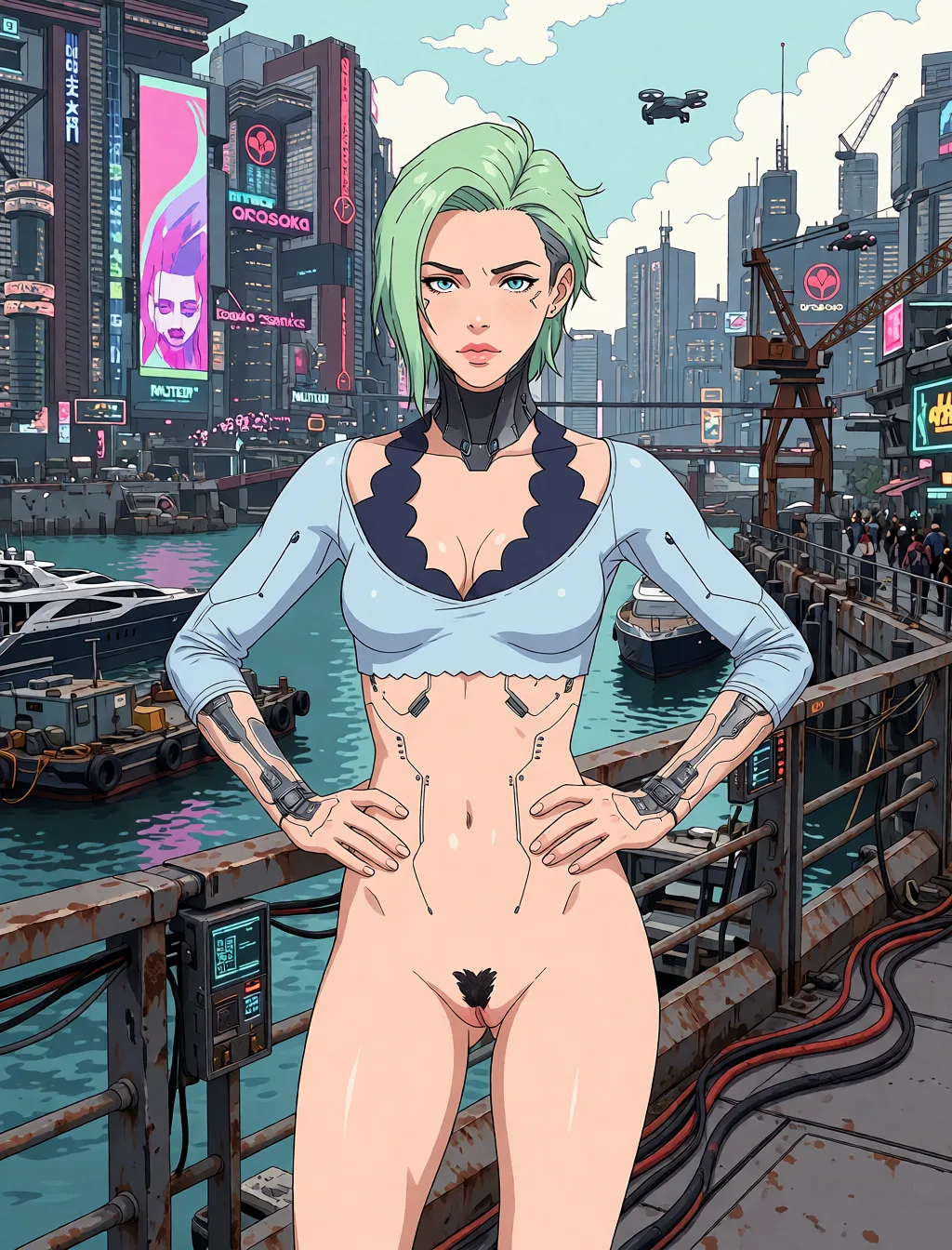 Redraw the entire picture as a hand-drawn anime illustration in flat cel-shaded anime style. It stays the same person with the same face, the same expression, the same hair and the same skin tone, and every other detail of the photograph is kept exactly as it is: nothing is added, removed, moved, uncovered or recoloured. Only the medium changes, and no part of the picture is left photographic. Above all, the picture must show: Cyberpunk woman, female, nude, nude pussy, porno, sex,female, pubic_hair, areola_slip.