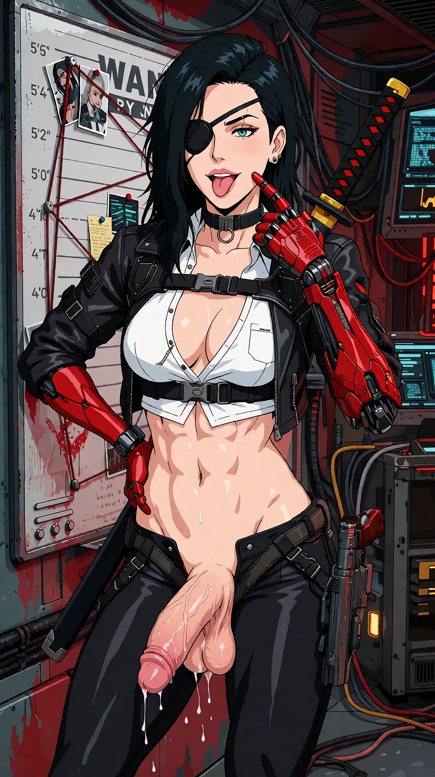 Redraw the entire picture as a hand-drawn anime illustration in flat cel-shaded anime style. It stays the same person with the same face, the same expression, the same hair and the same skin tone, and every other detail of the photograph is kept exactly as it is: nothing is added, removed, moved, uncovered or recoloured. Only the medium changes, and no part of the picture is left photographic. Above all, the picture must show: Cyberpunk milf, muscular, muscular, abs, abs, nude double futanari penis, porn, nude double futanari penis, nude double futanari penis, nude double futanari penis, nude double futanari penis, milf from picture_frame have double futanari penis.