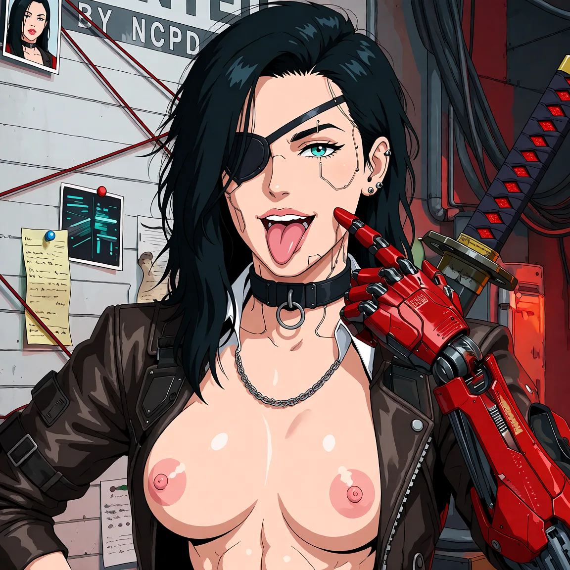 Redraw the entire picture as a hand-drawn anime illustration in flat cel-shaded anime style. It stays the same person with the same face, the same expression, the same hair and the same skin tone, and every other detail of the photograph is kept exactly as it is: nothing is added, removed, moved, uncovered or recoloured. Only the medium changes, and no part of the picture is left photographic. Above all, the picture must show: Cyberpunk milf, muscular, muscular, abs, abs, nude double futanari penis, porn, nude double futanari penis, nude double futanari penis, nude double futanari penis, nude double futanari penis, milf from picture_frame have double futanari penis.