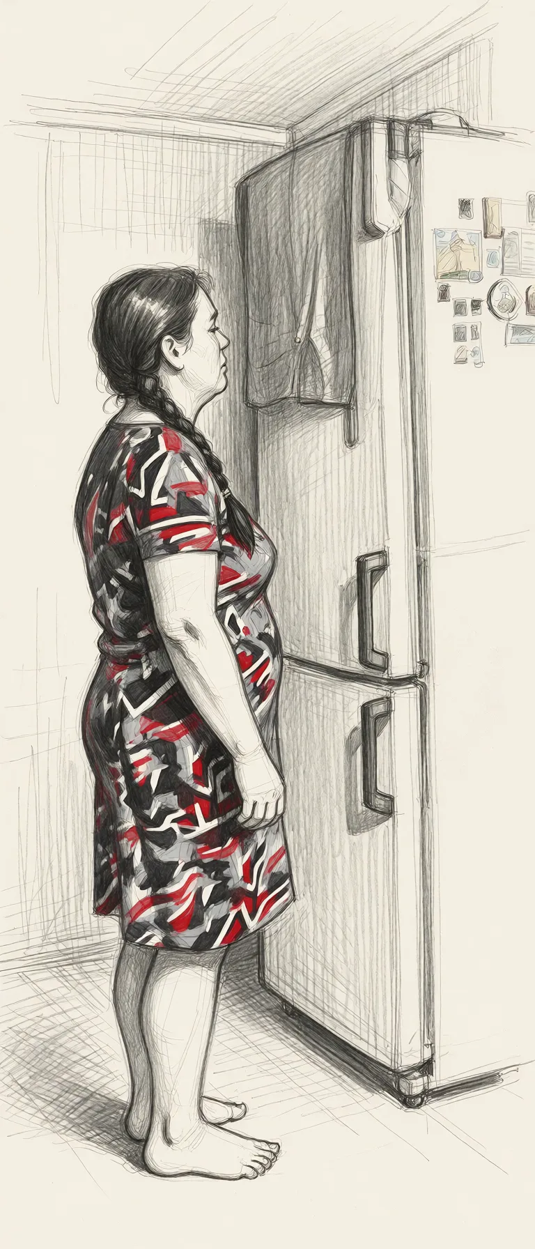 Redraw the entire picture as a hand-drawn graphite sketch on off-white paper: visible pencil strokes, cross-hatched shading, loose construction lines and no colour beyond the grey of the pencil and the tone of the paper. The background is drawn in the same style. Nothing in the frame keeps its photographic appearance. Above all, the picture must show: Раздеть.