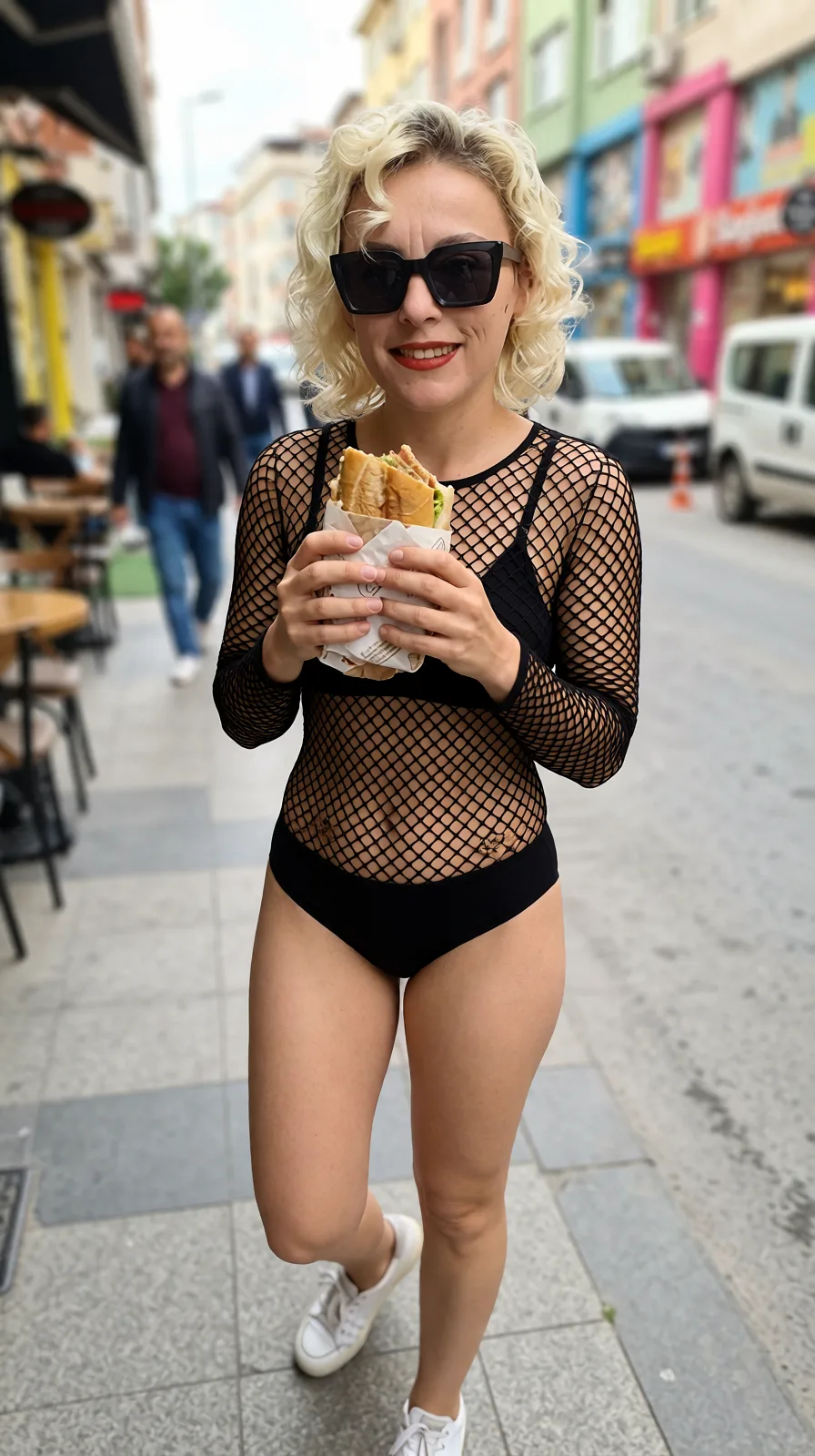 Edit the supplied photograph. Change only what is asked for below. Return one clean, natural, high-resolution photograph with realistic skin texture and no distortion. Replace her outfit with a black fishnet bodysuit worn over a plain black bra and briefs. Keep her face, her identity, her hair and her skin tone exactly as they are, and keep the room and the light she is in. Keep her pose and the framing of the shot.