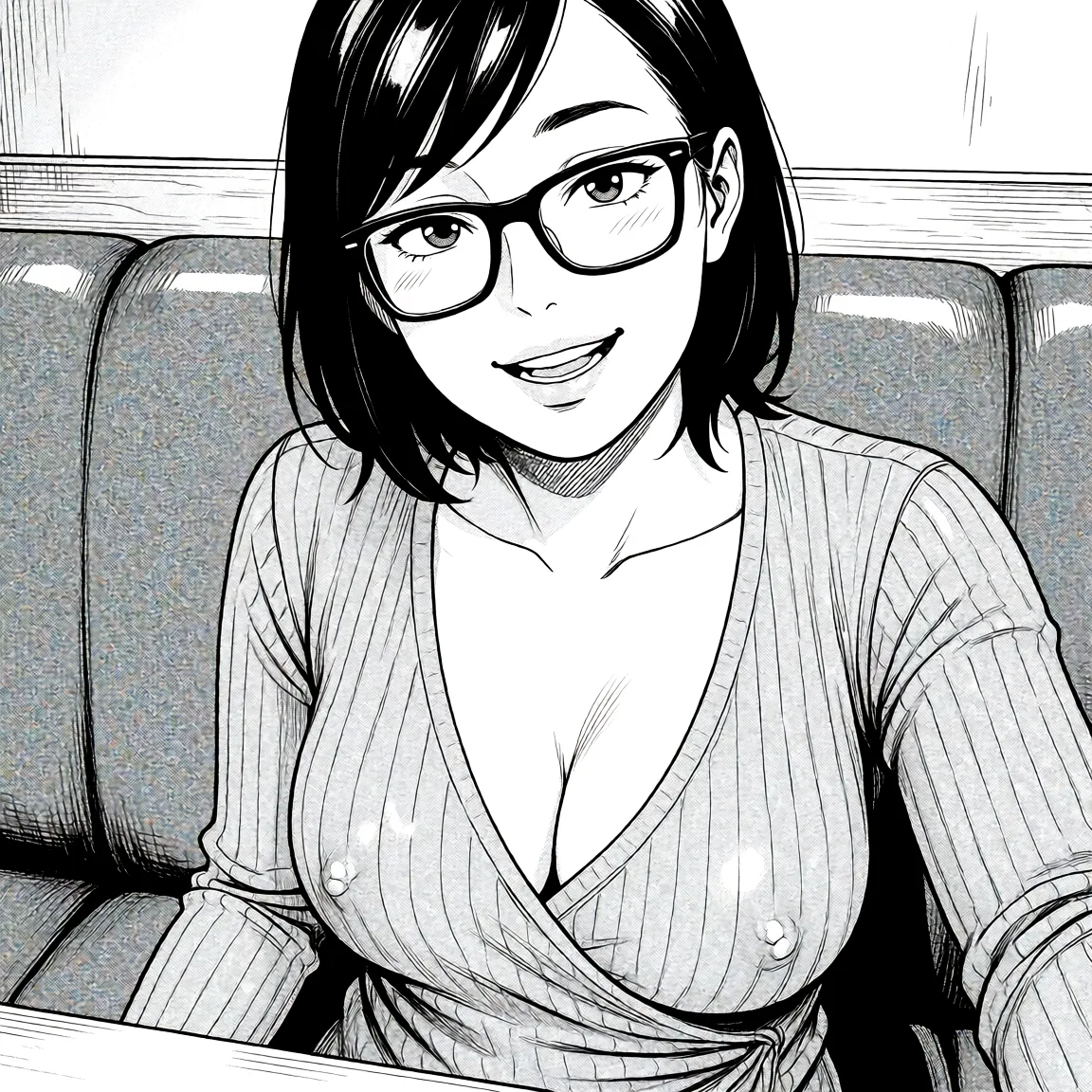 Redraw the entire picture as a black and white manga page: crisp black ink line art, no colour anywhere, flat halftone screentone shading, hatched shadows and clean white highlights, in the look of a printed manga panel. The background is drawn in the same style. Nothing in the frame keeps its photographic appearance. Above all, the picture must show: nude.