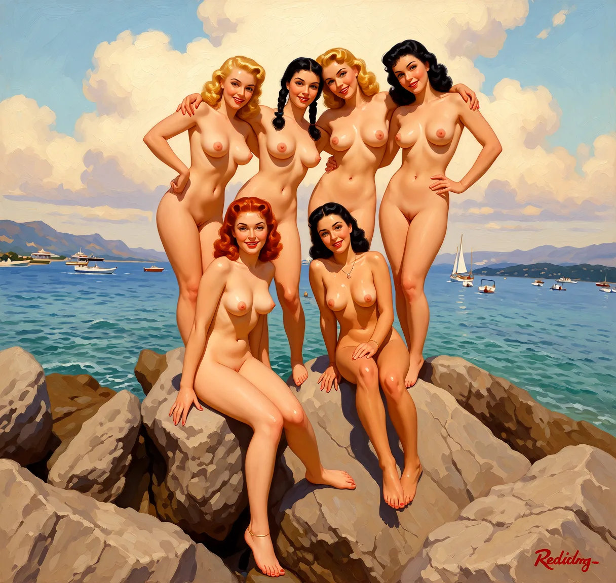 Make all people fully nude. No clothes at all. Redraw the entire picture as a retro pin-up illustration: smooth airbrushed gouache paint, warm saturated mid-century colour, clean confident outlines and glamorous stylised features, in the look of a 1950s pin-up poster. The background is painted in the same style. Nothing in the frame keeps its photographic appearance.
