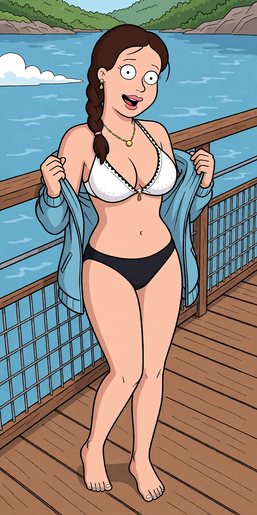 Redraw the entire picture as a western animated cartoon cel: thick even outlines, flat bright blocks of colour, simplified rounded shapes and hard-edged shadows, in the look of a television cartoon rather than of a camera. Keep the woman's adult proportions and adult figure exactly as they are; only the drawing style changes. The background is drawn in the same style. Nothing in the frame keeps its photographic appearance. Above all, the picture must show: undressing sex.