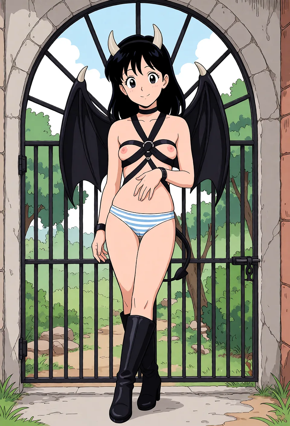 Redraw the entire picture as a hand-drawn anime illustration in flat cel-shaded anime style. It stays the same person with the same face, the same expression, the same hair and the same skin tone, and every other detail of the photograph is kept exactly as it is: nothing is added, removed, moved, uncovered or recoloured. Only the medium changes, and no part of the picture is left photographic. Above all, the picture must show: striped_panties.