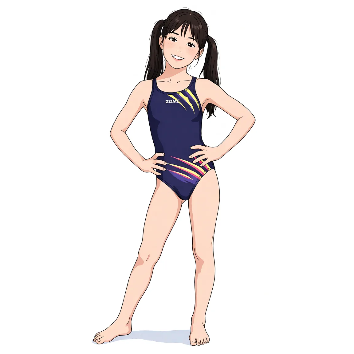 Redraw the entire picture as a hand-drawn anime illustration in flat cel-shaded anime style. It stays the same person with the same face, the same expression, the same hair and the same skin tone, and every other detail of the photograph is kept exactly as it is: nothing is added, removed, moved, uncovered or recoloured. Only the medium changes, and no part of the picture is left photographic. Above all, the picture must show: 1woman, completely_nude, small_breasts.