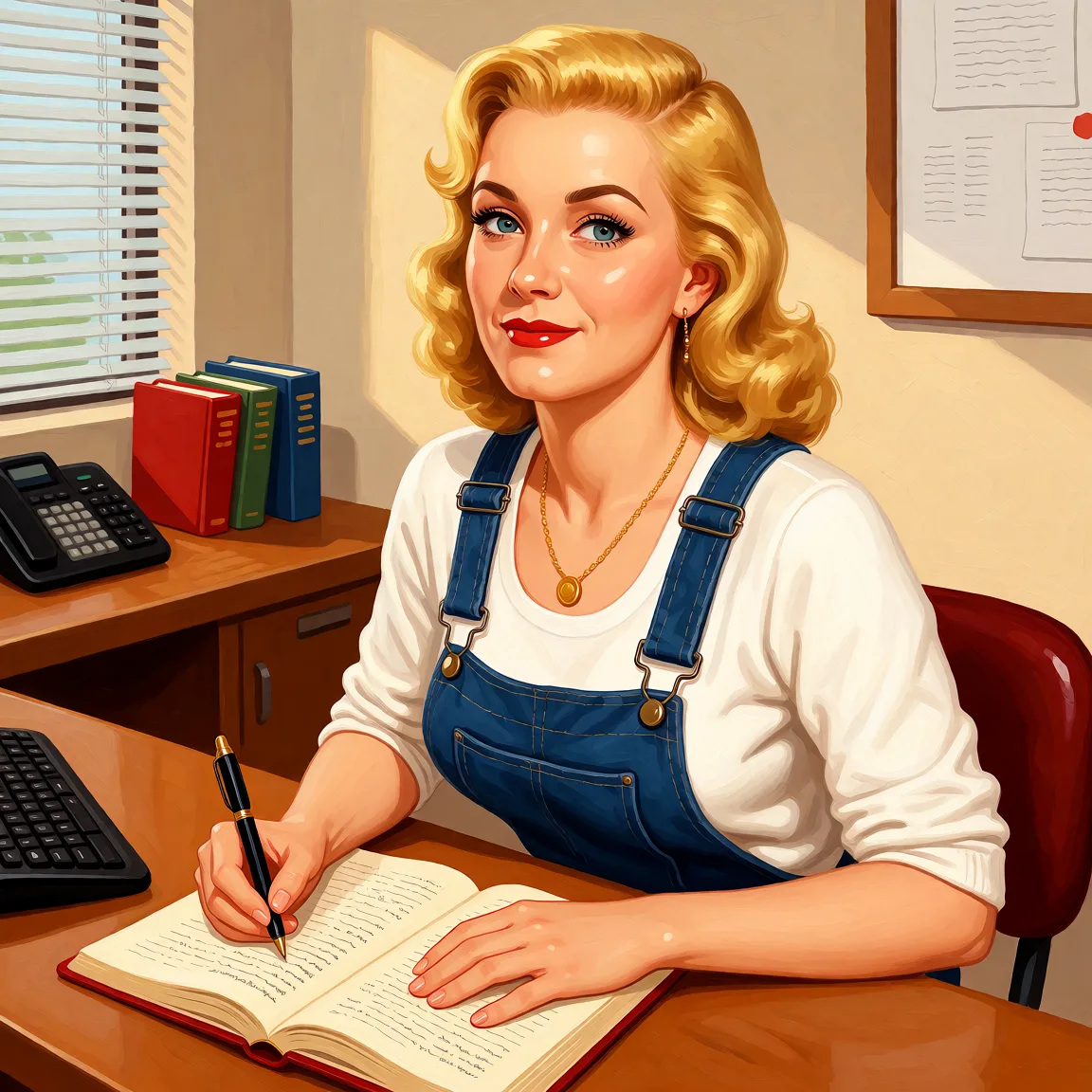 Redraw the entire picture as a retro pin-up illustration: smooth airbrushed gouache paint, warm saturated mid-century colour, clean confident outlines and glamorous stylised features, in the look of a 1950s pin-up poster. The background is painted in the same style. Nothing in the frame keeps its photographic appearance. Above all, the picture must show: Getting naked at a desk in workplace.