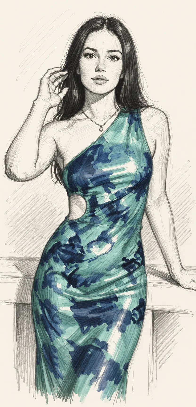 Redraw the entire picture as a hand-drawn graphite sketch on off-white paper: visible pencil strokes, cross-hatched shading, loose construction lines and no colour beyond the grey of the pencil and the tone of the paper. The background is drawn in the same style. Nothing in the frame keeps its photographic appearance. Above all, the picture must show: Sexy lingerie.