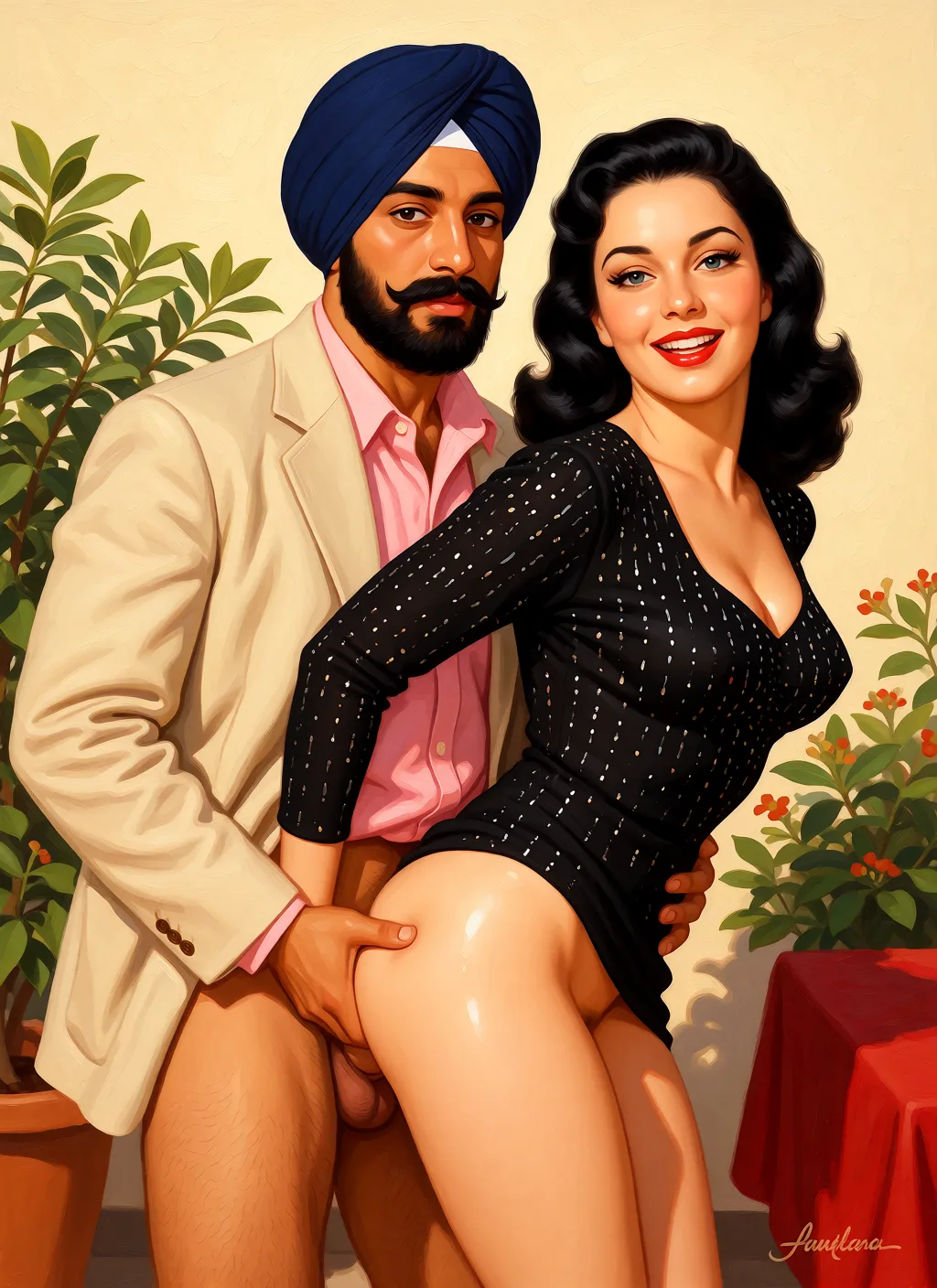 Redraw the entire picture as a retro pin-up illustration: smooth airbrushed gouache paint, warm saturated mid-century colour, clean confident outlines and glamorous stylised features, in the look of a 1950s pin-up poster. The background is painted in the same style. Nothing in the frame keeps its photographic appearance. Above all, the picture must show: The woman getting fucked from behind, sex, naked no clothes, exact same face, same face and turban. Looking into the camera, no change to face.