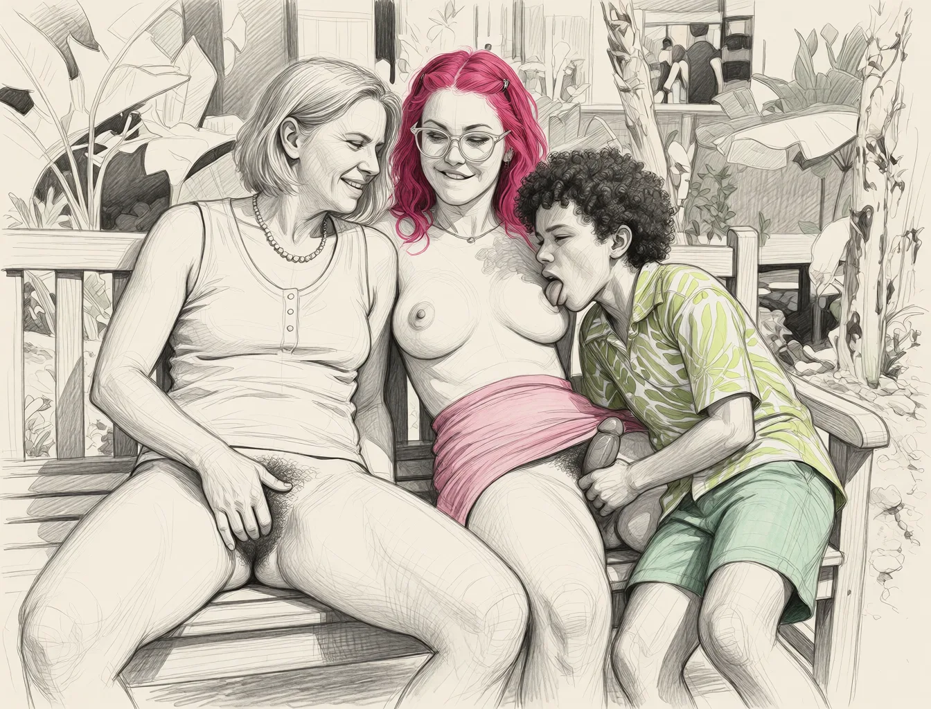 Redraw the entire picture as a hand-drawn graphite sketch on off-white paper: visible pencil strokes, cross-hatched shading, loose construction lines and no colour beyond the grey of the pencil and the tone of the paper. The background is drawn in the same style. Nothing in the frame keeps its photographic appearance. Above all, the picture must show: The woman on the left has her legs spread, fingering her own pussy with heavy pubic_hair as she looks at the two next to her. The woman in the middle has her breasts_out and is biting her lip seductively. The young man to the right is mastbating while sucking on the nipple of the woman in the middle.