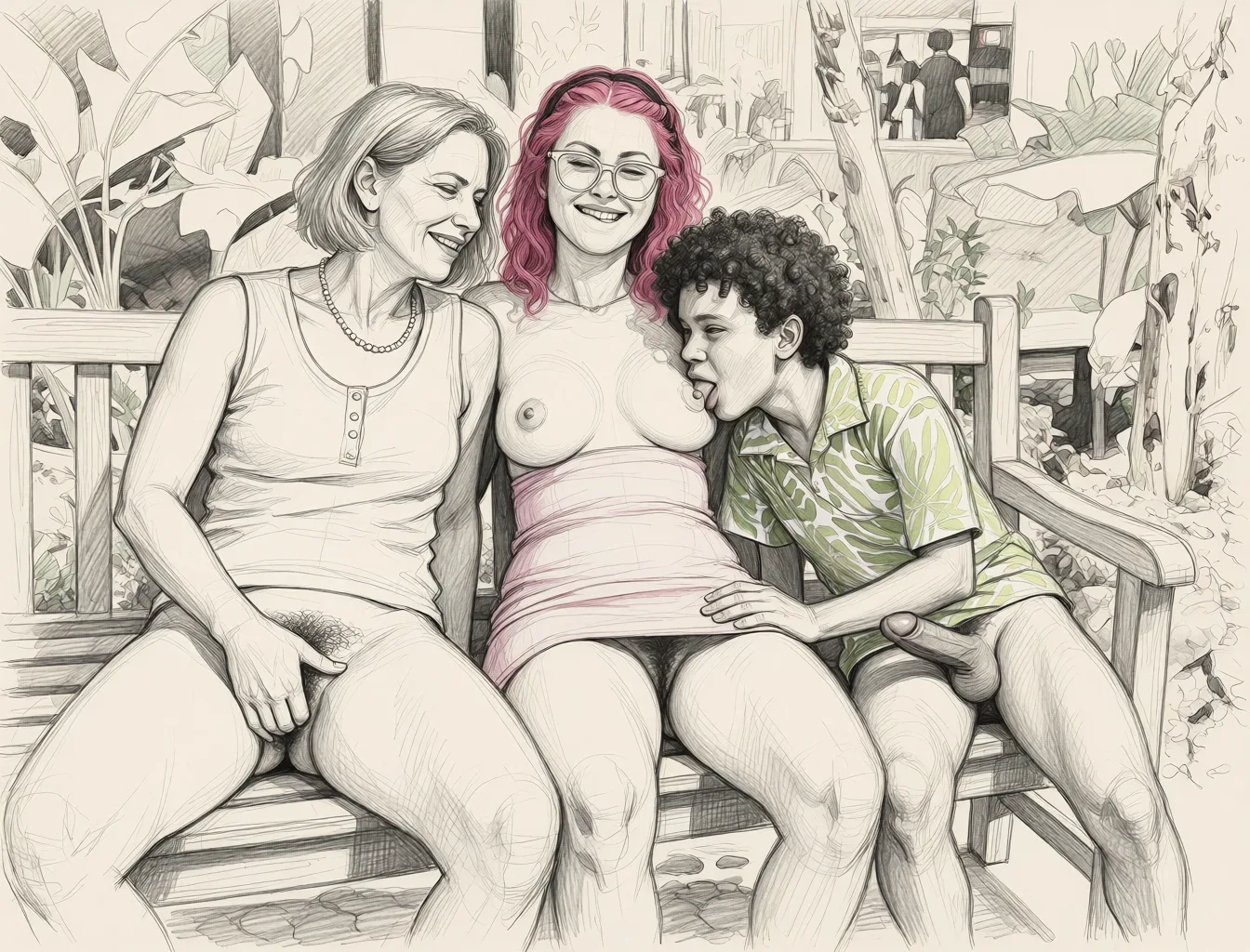 Redraw the entire picture as a hand-drawn graphite sketch on off-white paper: visible pencil strokes, cross-hatched shading, loose construction lines and no colour beyond the grey of the pencil and the tone of the paper. The background is drawn in the same style. Nothing in the frame keeps its photographic appearance. Above all, the picture must show: The woman on the left has her legs spread, fingering her own pussy with heavy pubic_hair as she looks at the two next to her. The woman in the middle has her breasts_out and is biting her lip seductively. Remove the pants of the young man to the right. He has an erection and is sucking on the nipple of the woman in the middle.