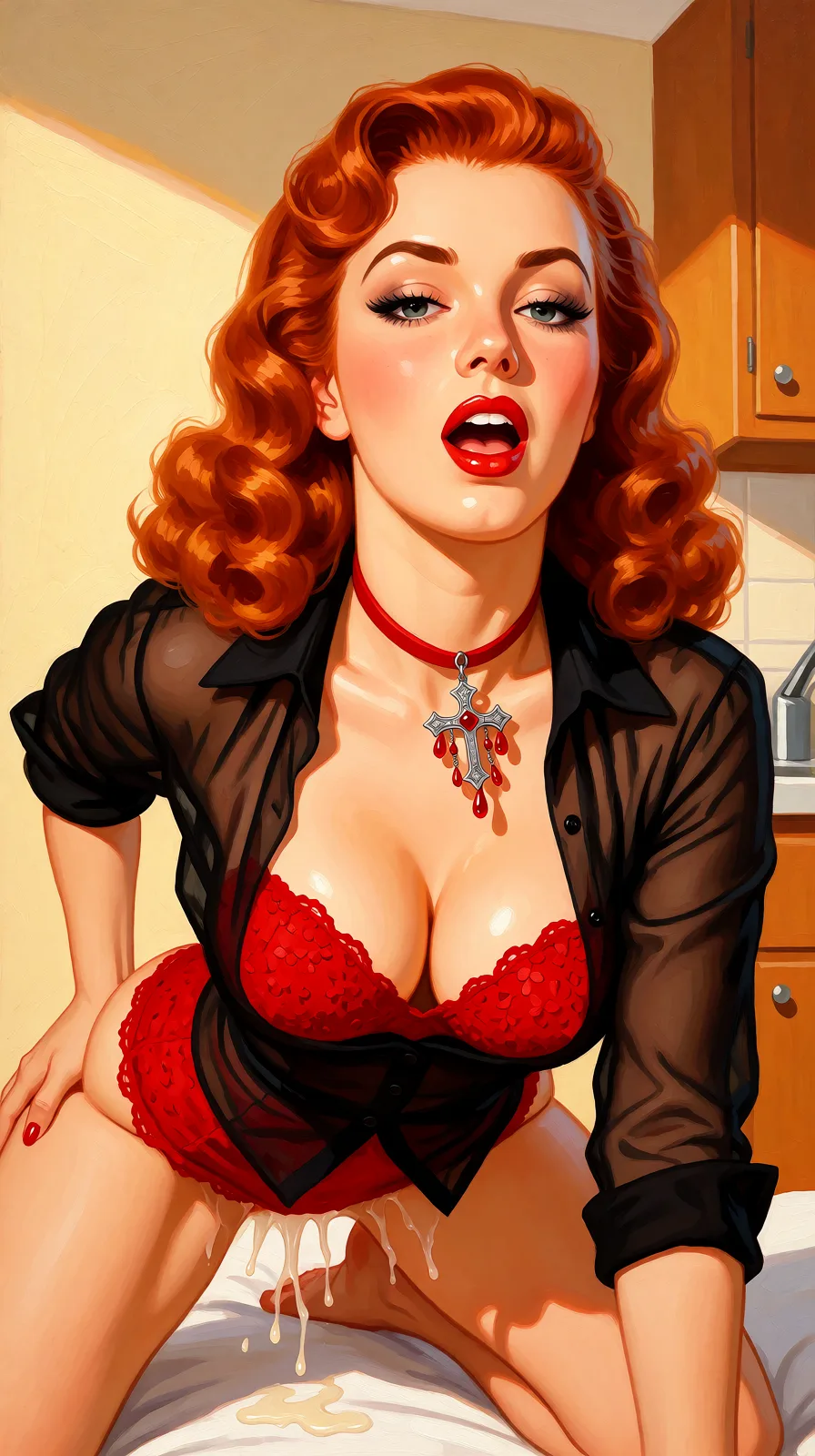 Redraw the entire picture as a retro pin-up illustration: smooth airbrushed gouache paint, warm saturated mid-century colour, clean confident outlines and glamorous stylised features, in the look of a 1950s pin-up poster. The background is painted in the same style. Nothing in the frame keeps its photographic appearance. Above all, the picture must show:woman being fucked from behind in doggystyle, while looking_at_viewer with a pleasure expression.
