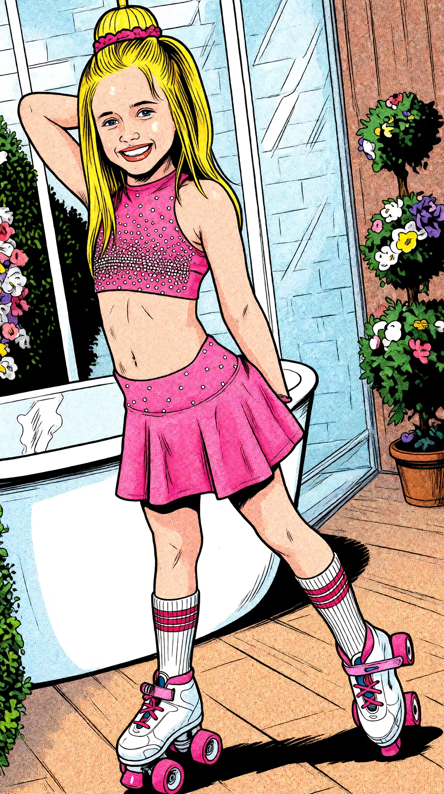 Redraw the entire picture as western comic-book art: heavy black inked outlines, hard-edged cel shading, limited high-contrast colour and visible halftone dot texture. The background is drawn in the same style. Nothing in the frame keeps its photographic appearance. Above all, the picture must show: bottomless.