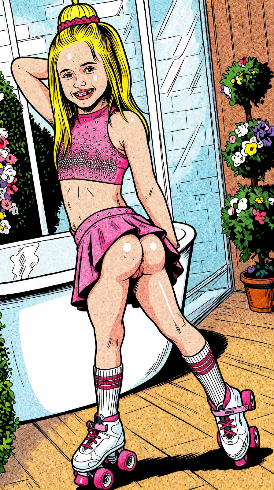 Redraw the entire picture as western comic-book art: heavy black inked outlines, hard-edged cel shading, limited high-contrast colour and visible halftone dot texture. The background is drawn in the same style. Nothing in the frame keeps its photographic appearance. Above all, the picture must show: all_fours.