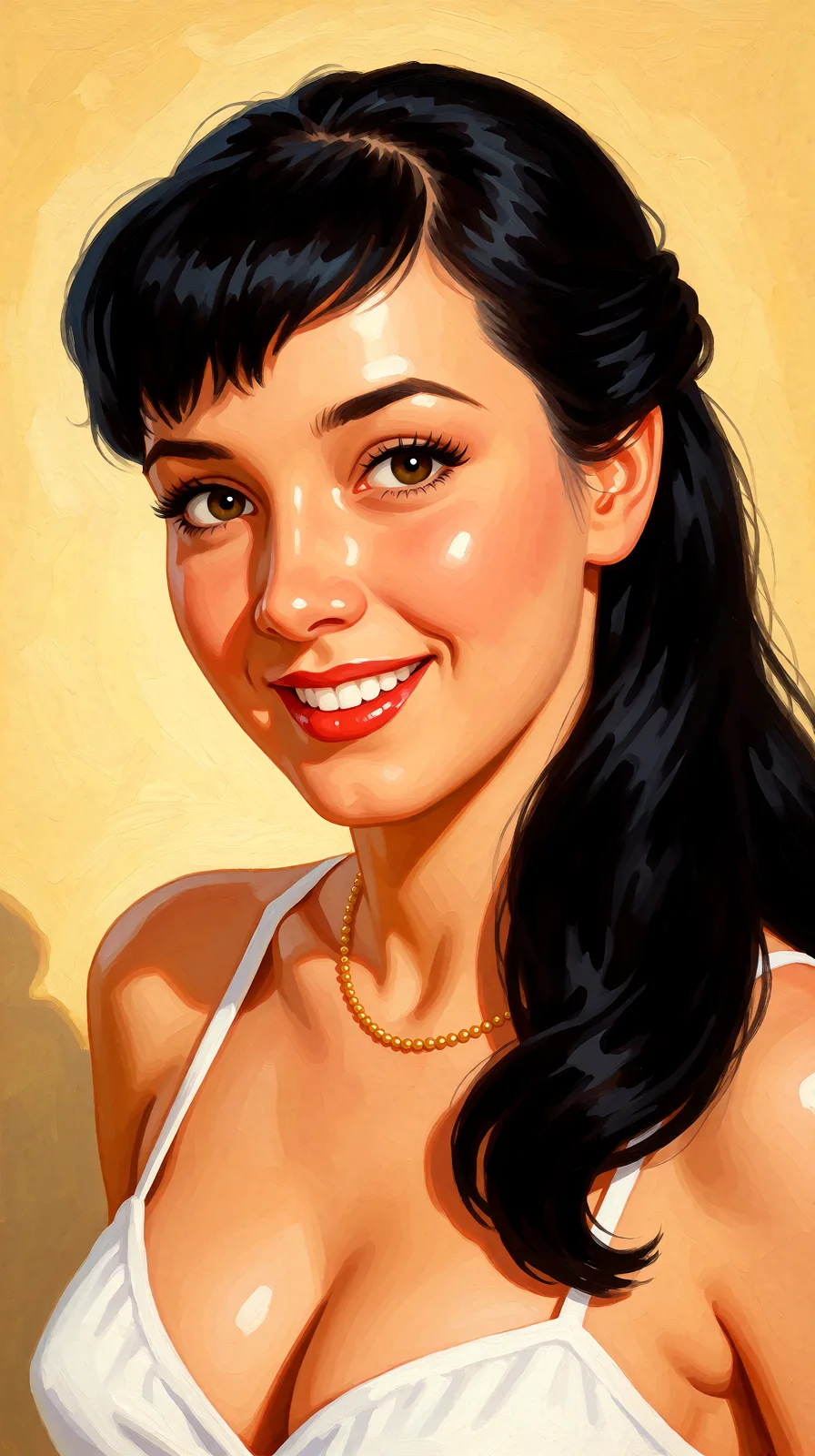 Redraw the entire picture as a retro pin-up illustration: smooth airbrushed gouache paint, warm saturated mid-century colour, clean confident outlines and glamorous stylised features, in the look of a 1950s pin-up poster. The background is painted in the same style. Nothing in the frame keeps its photographic appearance. Above all, the picture must show: Голая, скачет на члене.