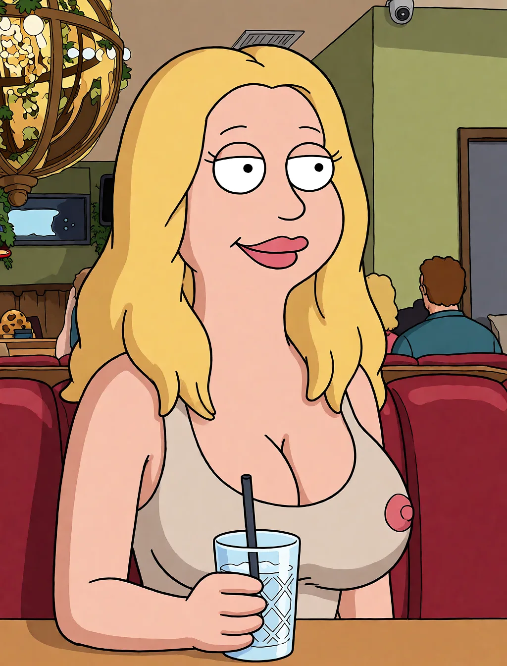 Redraw the entire picture as a western animated cartoon cel: thick even outlines, flat bright blocks of colour, simplified rounded shapes and hard-edged shadows, in the look of a television cartoon rather than of a camera. Keep the woman's adult proportions and adult figure exactly as they are; only the drawing style changes. The background is drawn in the same style. Nothing in the frame keeps its photographic appearance. Above all, the picture must show: Boobs out.