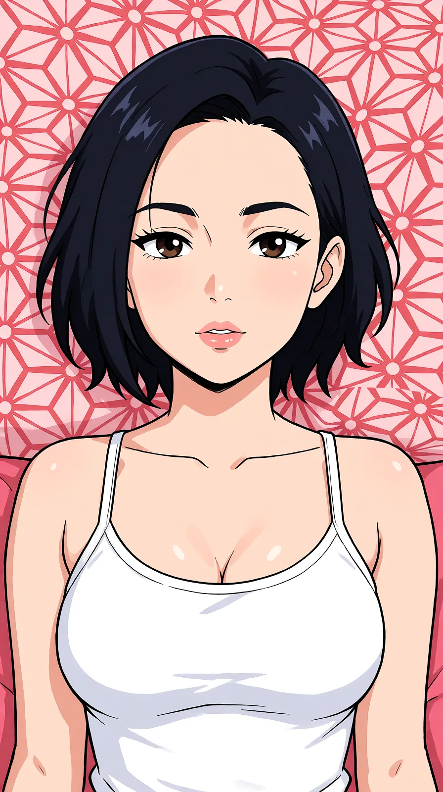 Redraw the entire picture as a hand-drawn anime illustration in flat cel-shaded anime style. It stays the same person with the same face, the same expression, the same hair and the same skin tone, and every other detail of the photograph is kept exactly as it is: nothing is added, removed, moved, uncovered or recoloured. Only the medium changes, and no part of the picture is left photographic. Above all, the picture must show: make her naked_shirt.