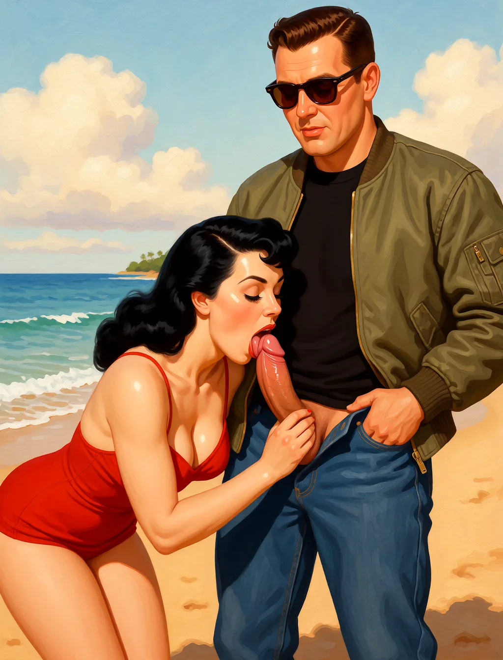Redraw the entire picture as a retro pin-up illustration: smooth airbrushed gouache paint, warm saturated mid-century colour, clean confident outlines and glamorous stylised features, in the look of a 1950s pin-up poster. The background is painted in the same style. Nothing in the frame keeps its photographic appearance. Above all, the picture must show: The woman leans down and sucks the man's dick.
