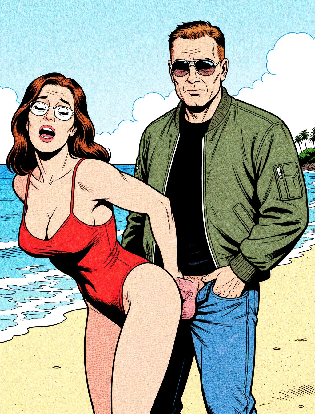Redraw the entire picture as western comic-book art: heavy black inked outlines, hard-edged cel shading, limited high-contrast colour and visible halftone dot texture. The background is drawn in the same style. Nothing in the frame keeps its photographic appearance. Above all, the picture must show: She bends over a little more and he slides his cock in from behind.