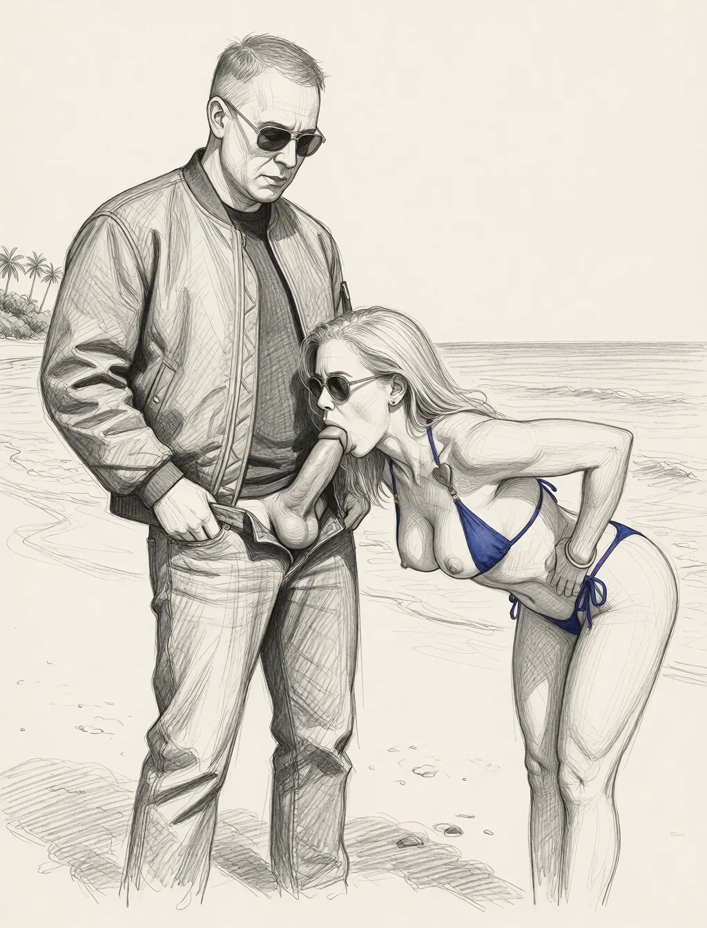 Redraw the entire picture as a hand-drawn graphite sketch on off-white paper: visible pencil strokes, cross-hatched shading, loose construction lines and no colour beyond the grey of the pencil and the tone of the paper. The background is drawn in the same style. Nothing in the frame keeps its photographic appearance. Above all, the picture must show: She bends down and sucks his huge dick.