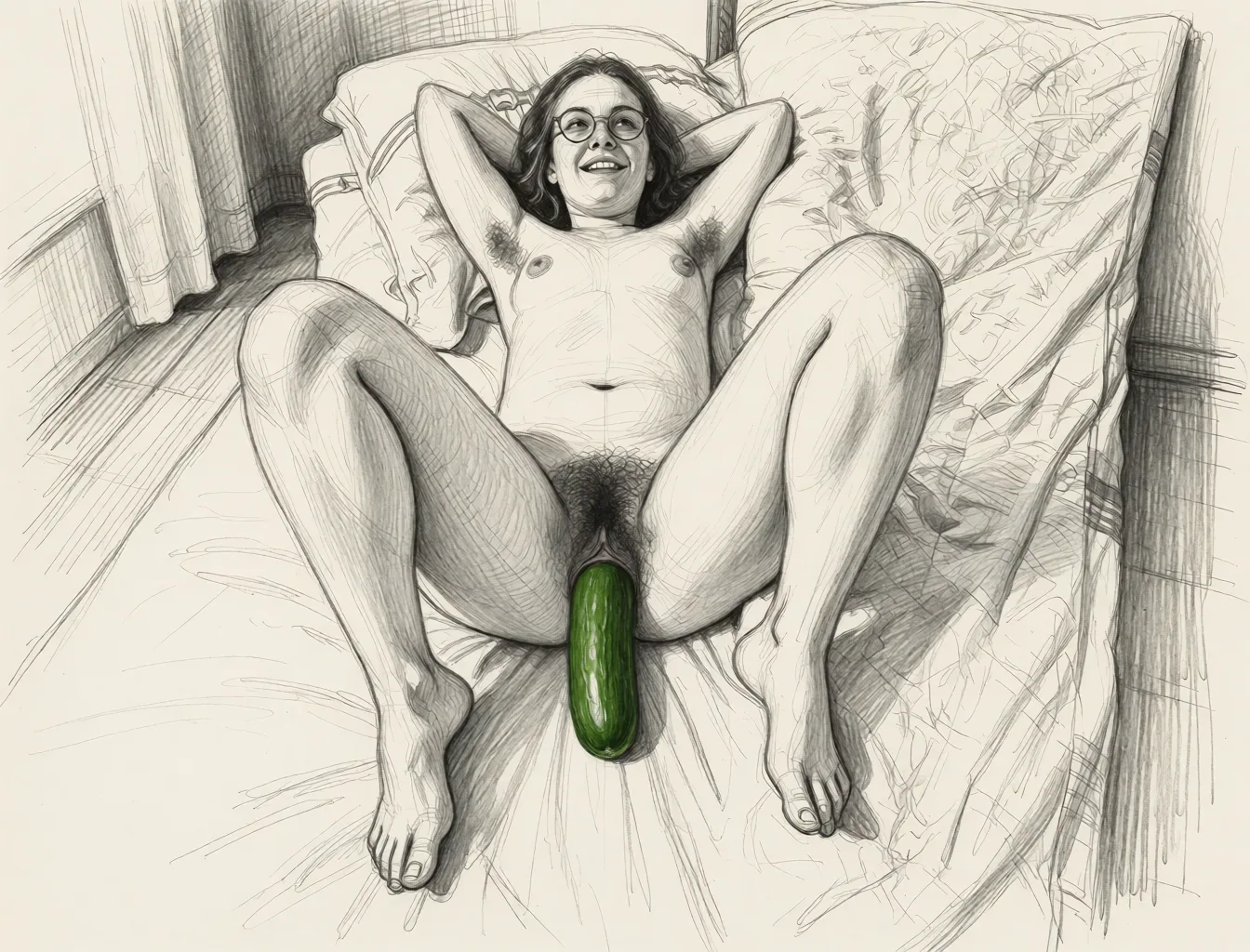 Redraw the entire picture as a hand-drawn graphite sketch on off-white paper: visible pencil strokes, cross-hatched shading, loose construction lines and no colour beyond the grey of the pencil and the tone of the paper. The background is drawn in the same style. Nothing in the frame keeps its photographic appearance. Above all, the picture must show: The pubic area is very hairy. The armpits are hairy. A thick cucumber is inserted into the anus.