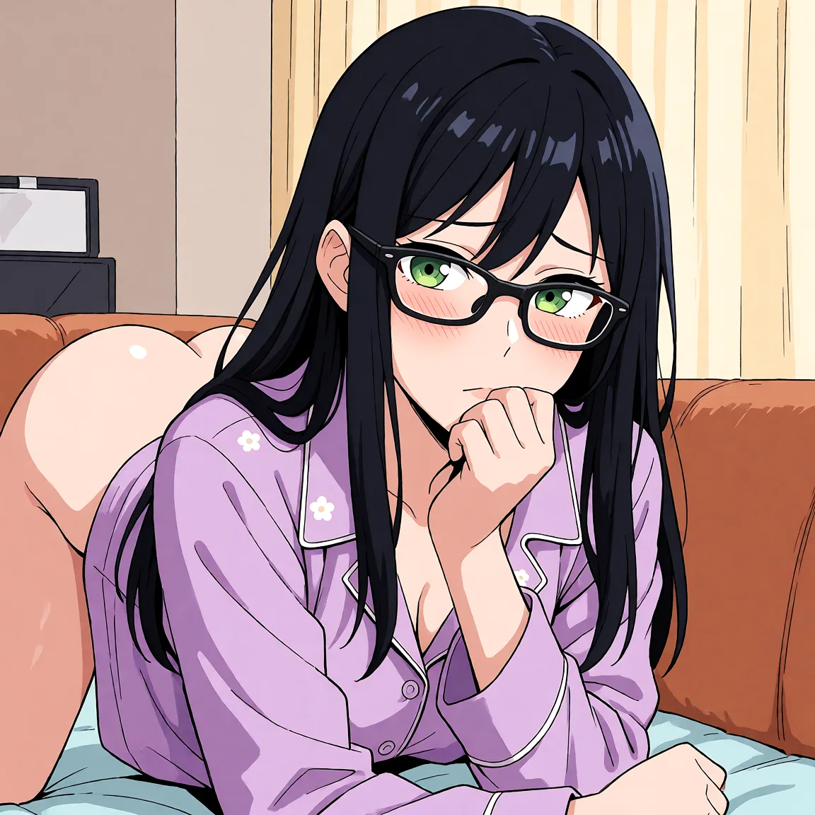 Redraw the entire picture as a hand-drawn anime illustration in flat cel-shaded anime style. It stays the same person with the same face, the same expression, the same hair and the same skin tone, and every other detail of the photograph is kept exactly as it is: nothing is added, removed, moved, uncovered or recoloured. Only the medium changes, and no part of the picture is left photographic. Above all, the picture must show: Девушка голая с точки зрения мужчины doggystyle.