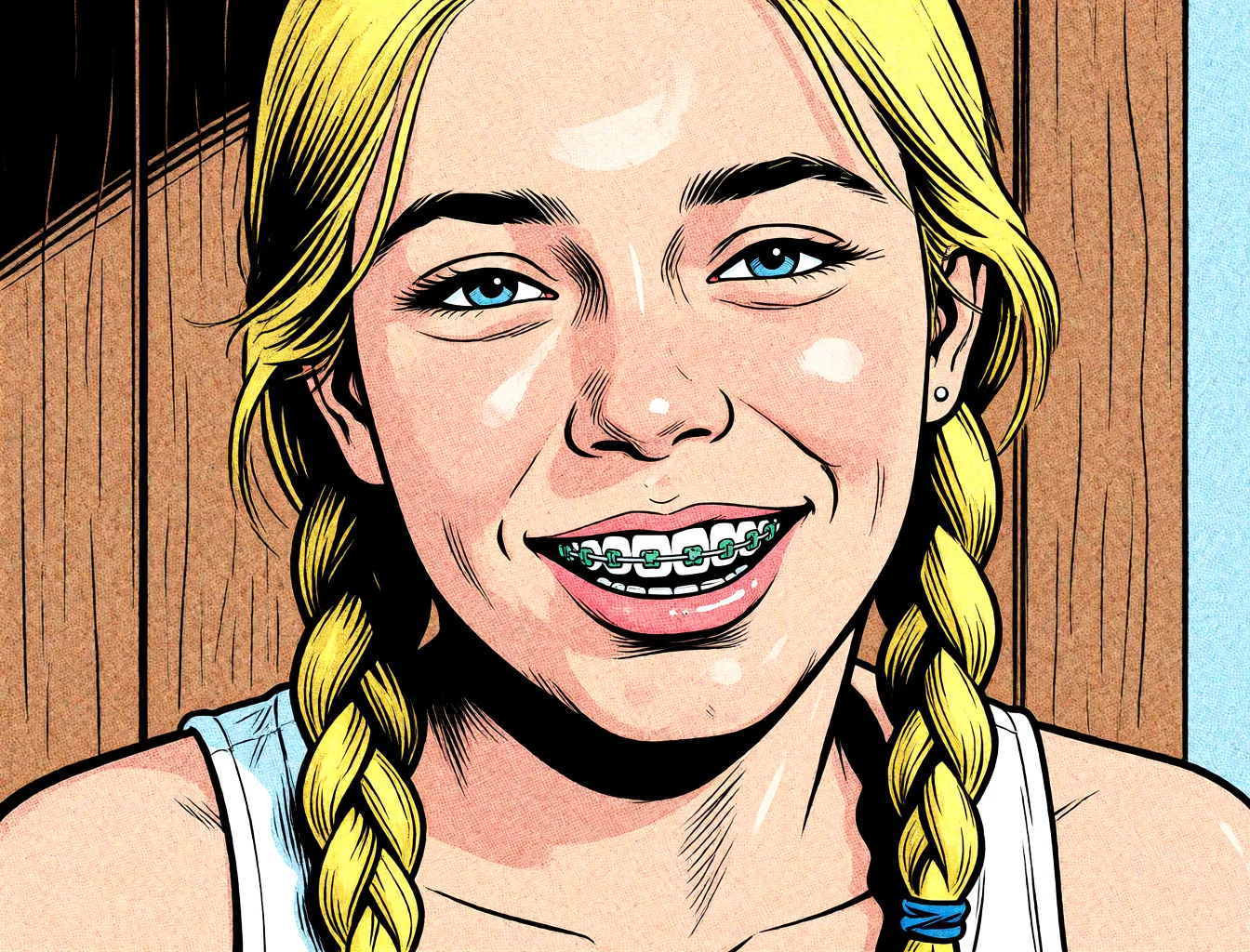 Redraw the entire picture as western comic-book art: heavy black inked outlines, hard-edged cel shading, limited high-contrast colour and visible halftone dot texture. The background is drawn in the same style. Nothing in the frame keeps its photographic appearance. Above all, the picture must show: panties.